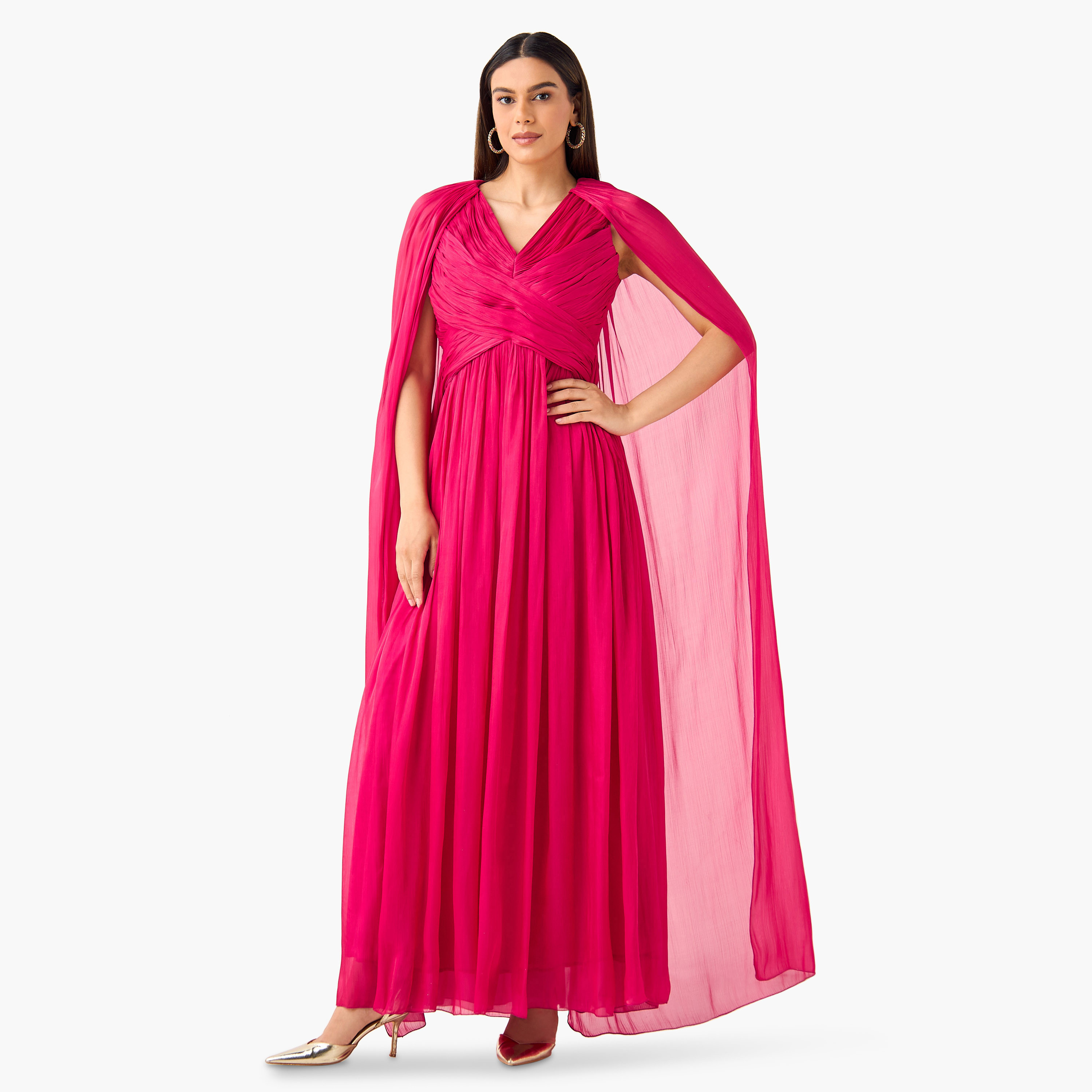 فستان بياقة V وأكمام كيب وفتحة وكسرات من جولدن آبل-women-clothing-dresses-image-6