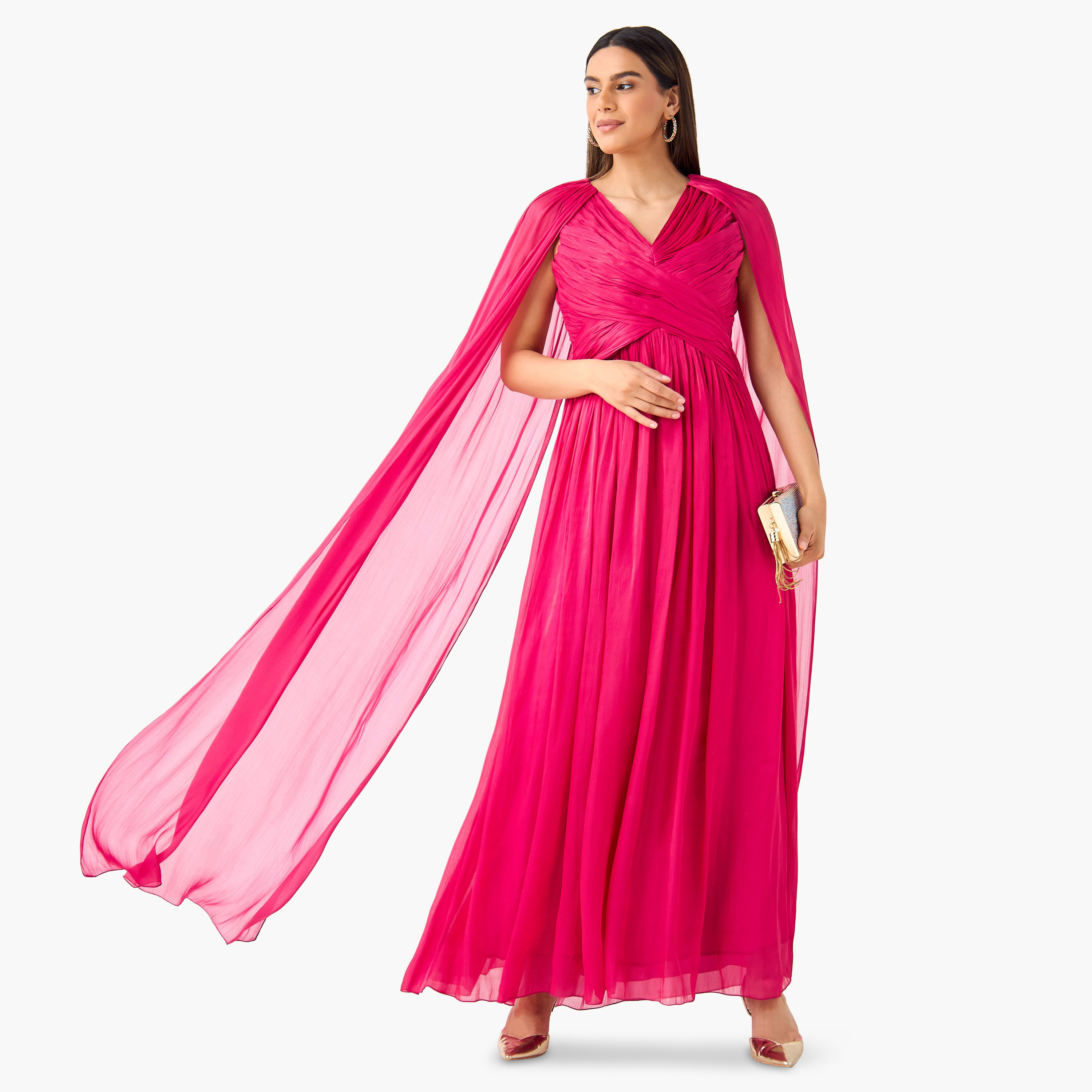 فستان بياقة V وأكمام كيب وفتحة وكسرات من جولدن آبل-women-clothing-dresses-image-7