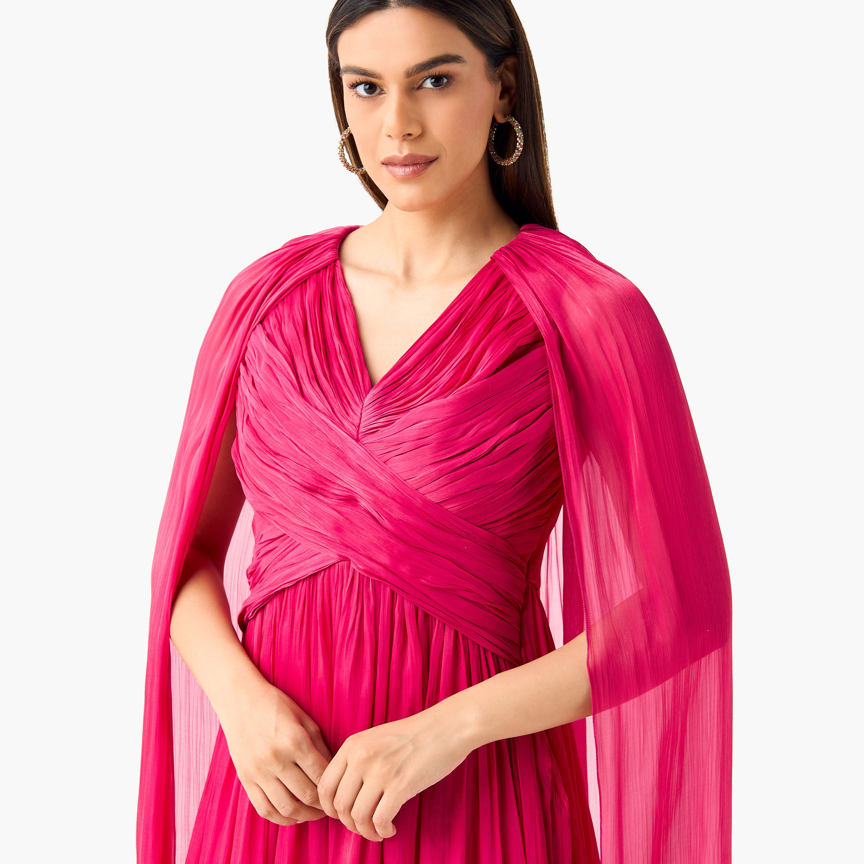 فستان بياقة V وأكمام كيب وفتحة وكسرات من جولدن آبل-women-clothing-dresses-image-9