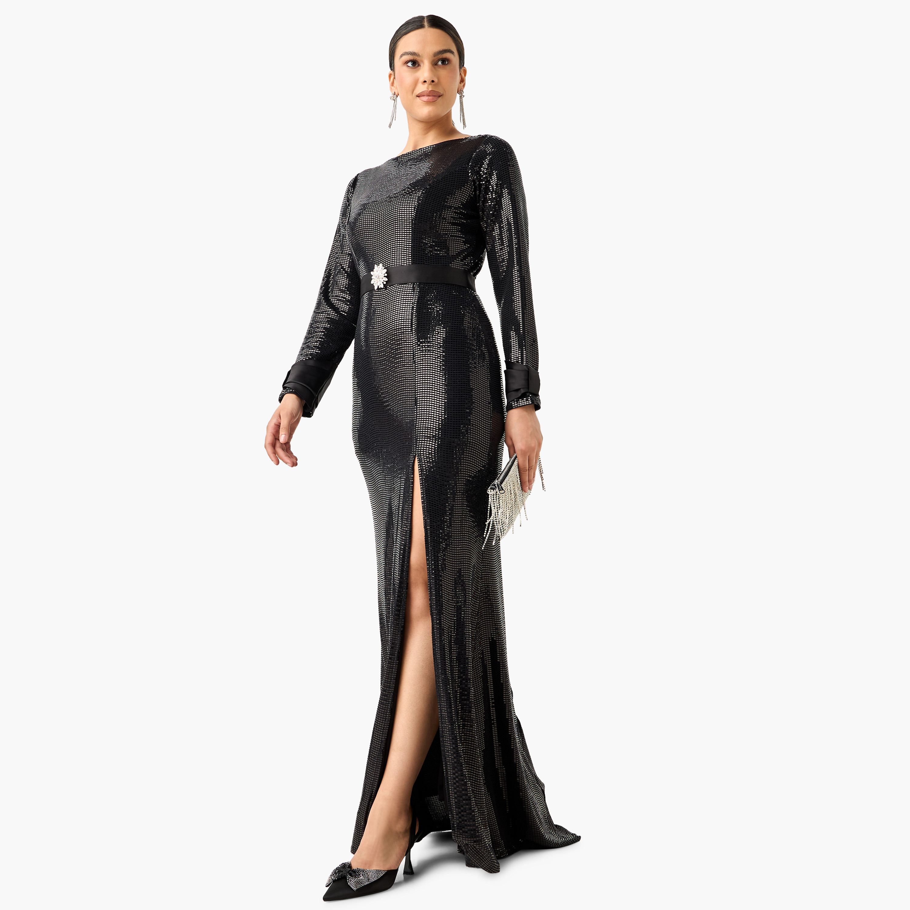 Golden Apple Sequin Embellished Maxi Dress with Boat Neck and Slit Detail-women-clothing-dresses-image-1