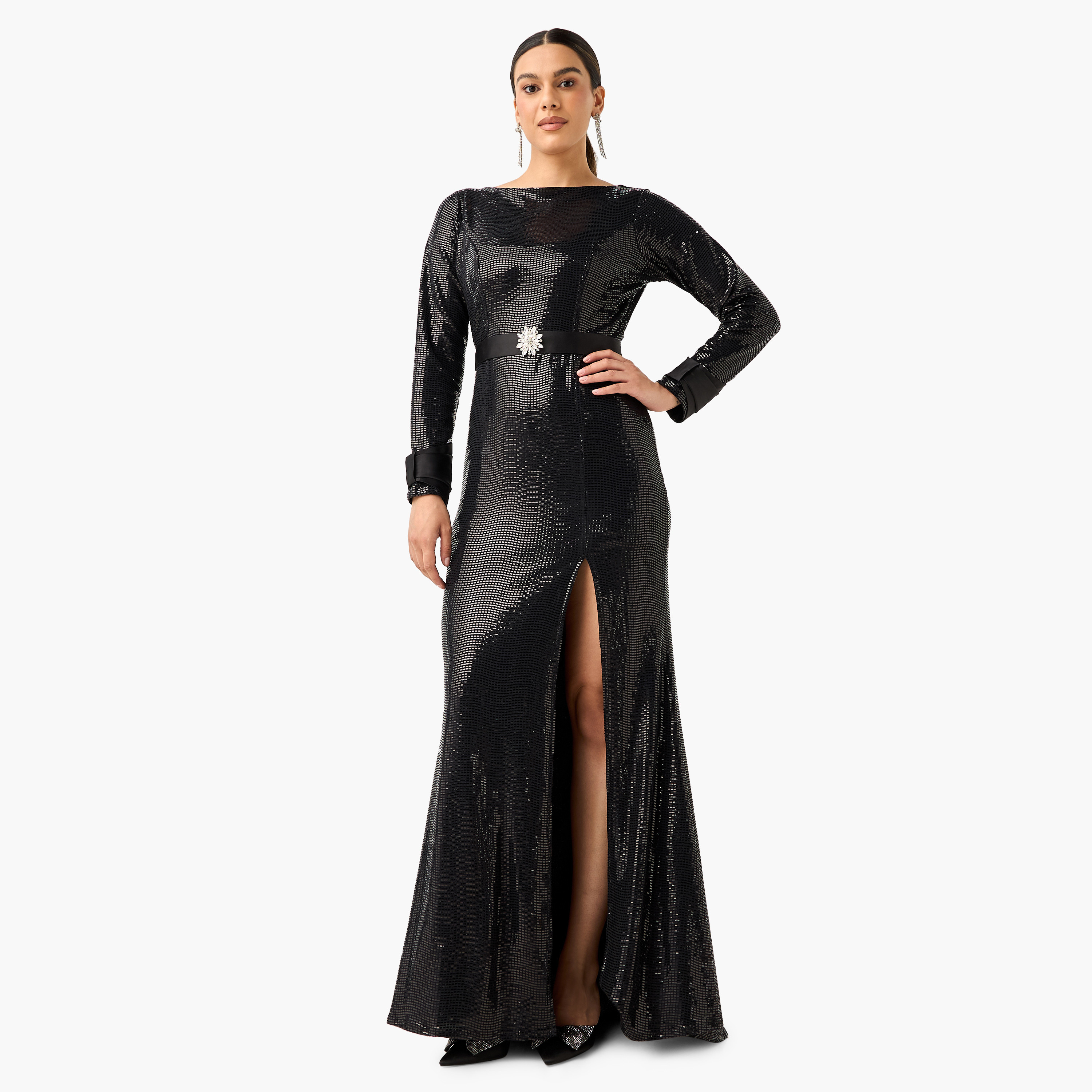 Golden Apple Sequin Embellished Maxi Dress with Boat Neck and Slit Detail-women-clothing-dresses-image-2