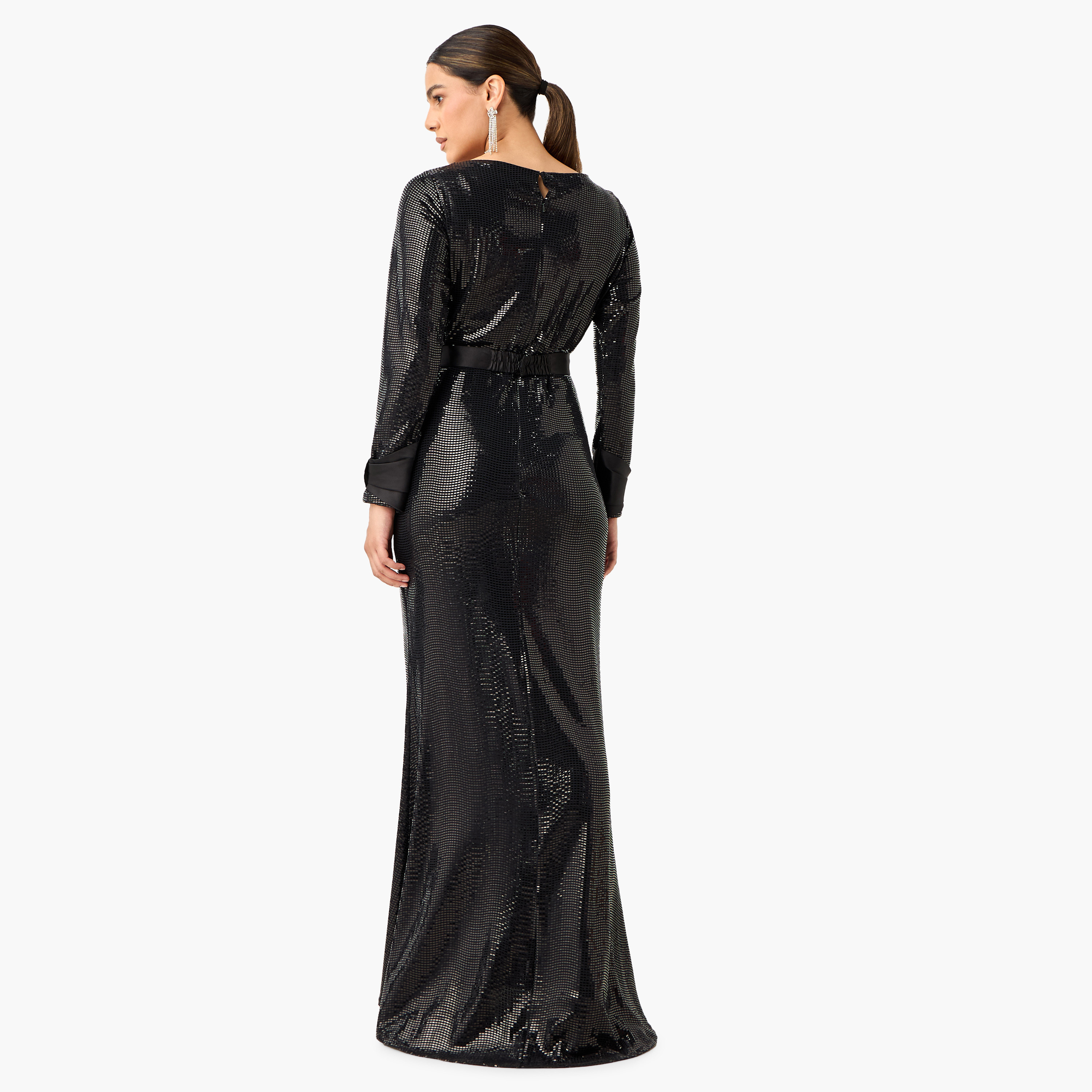 Golden Apple Sequin Embellished Maxi Dress with Boat Neck and Slit Detail-women-clothing-dresses-image-3