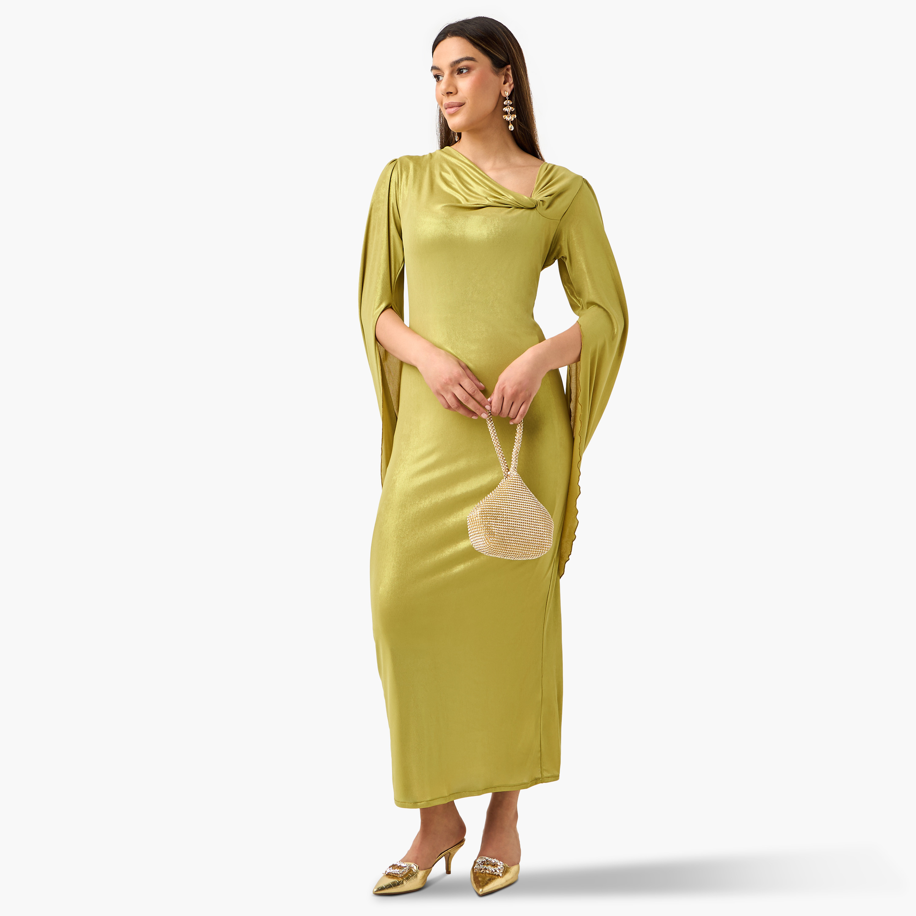 فستان سادة بياقة غير متماثلة وفتحة من جولدن أبل-women-clothing-dresses-image-1