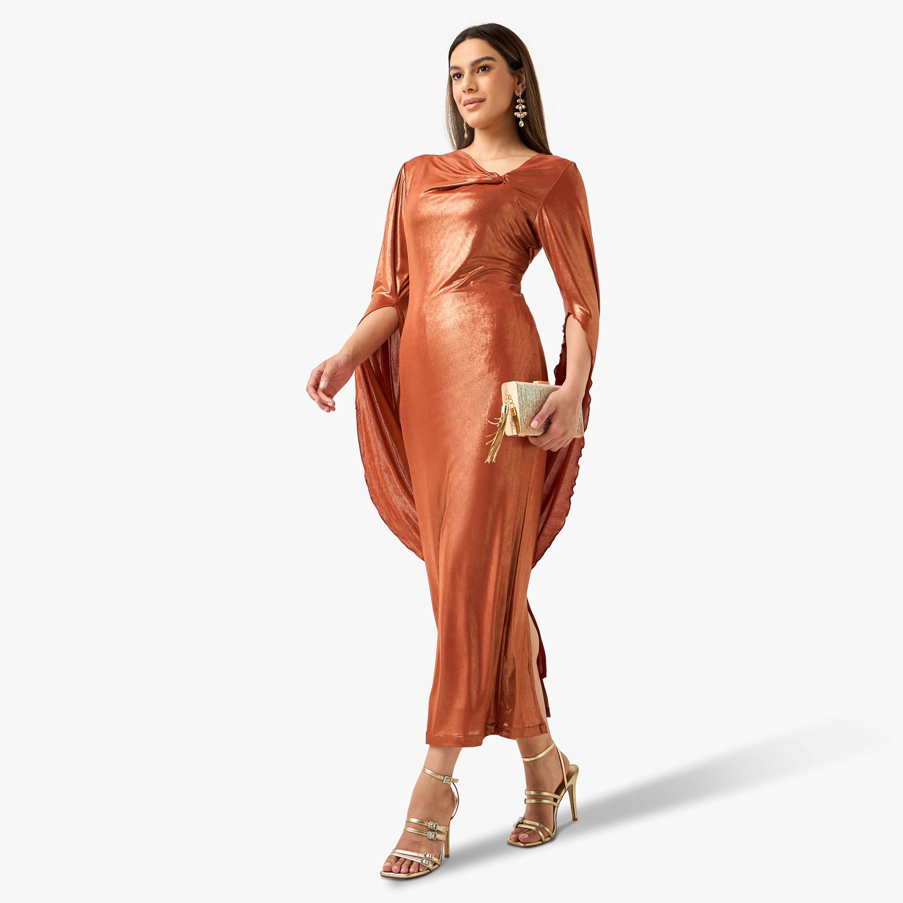 فستان سادة بياقة غير متماثلة وفتحة من جولدن أبل-women-clothing-dresses-image-6