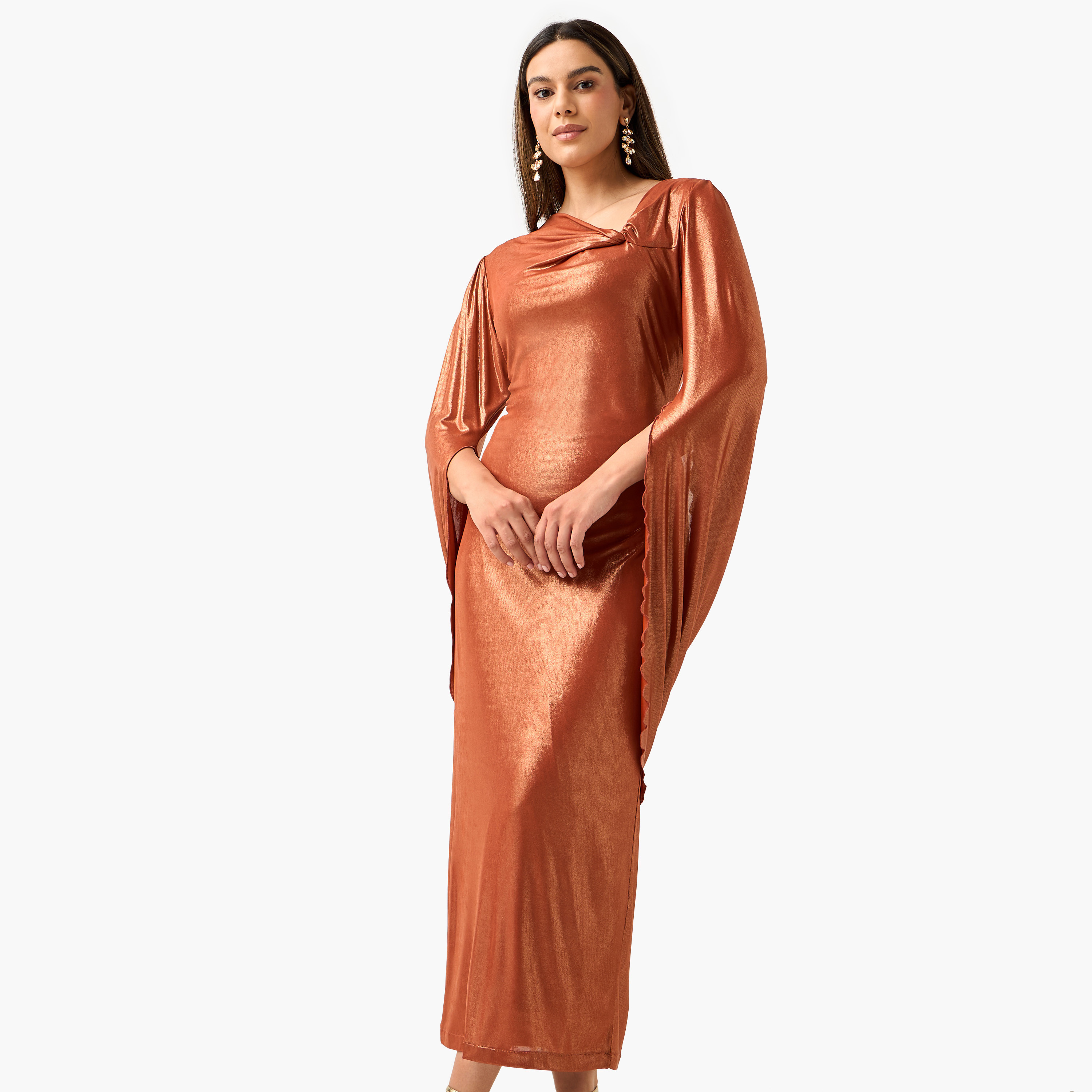فستان سادة بياقة غير متماثلة وفتحة من جولدن أبل-women-clothing-dresses-image-7