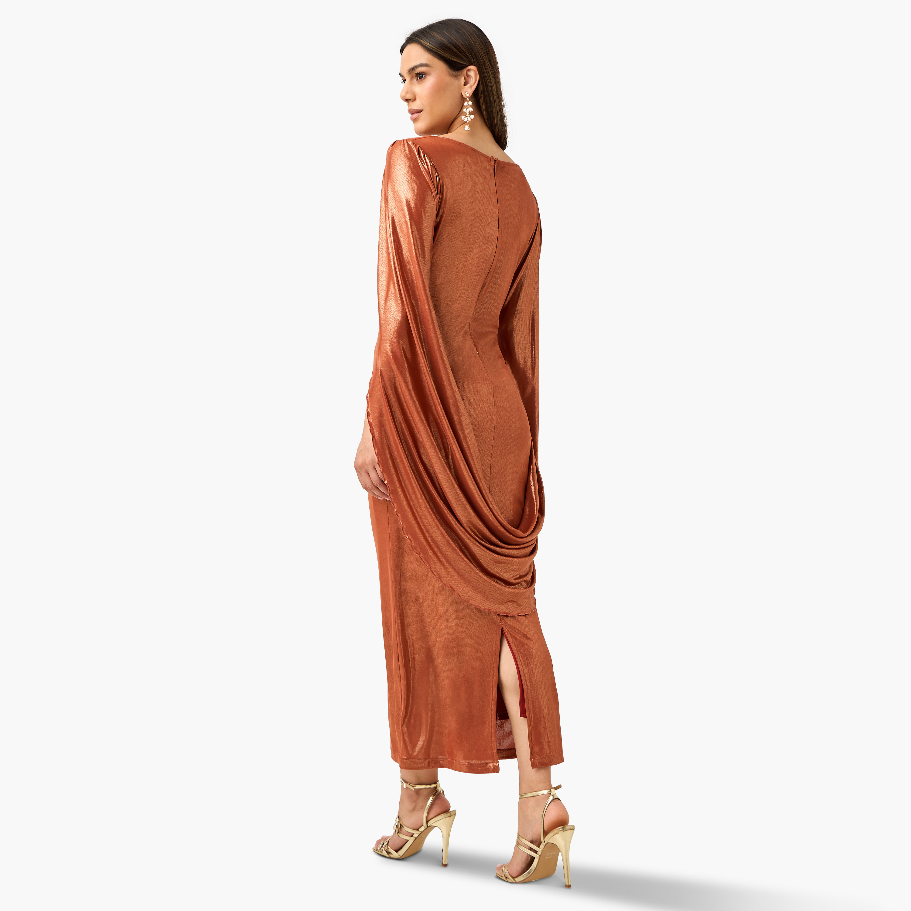 فستان سادة بياقة غير متماثلة وفتحة من جولدن أبل-women-clothing-dresses-image-8
