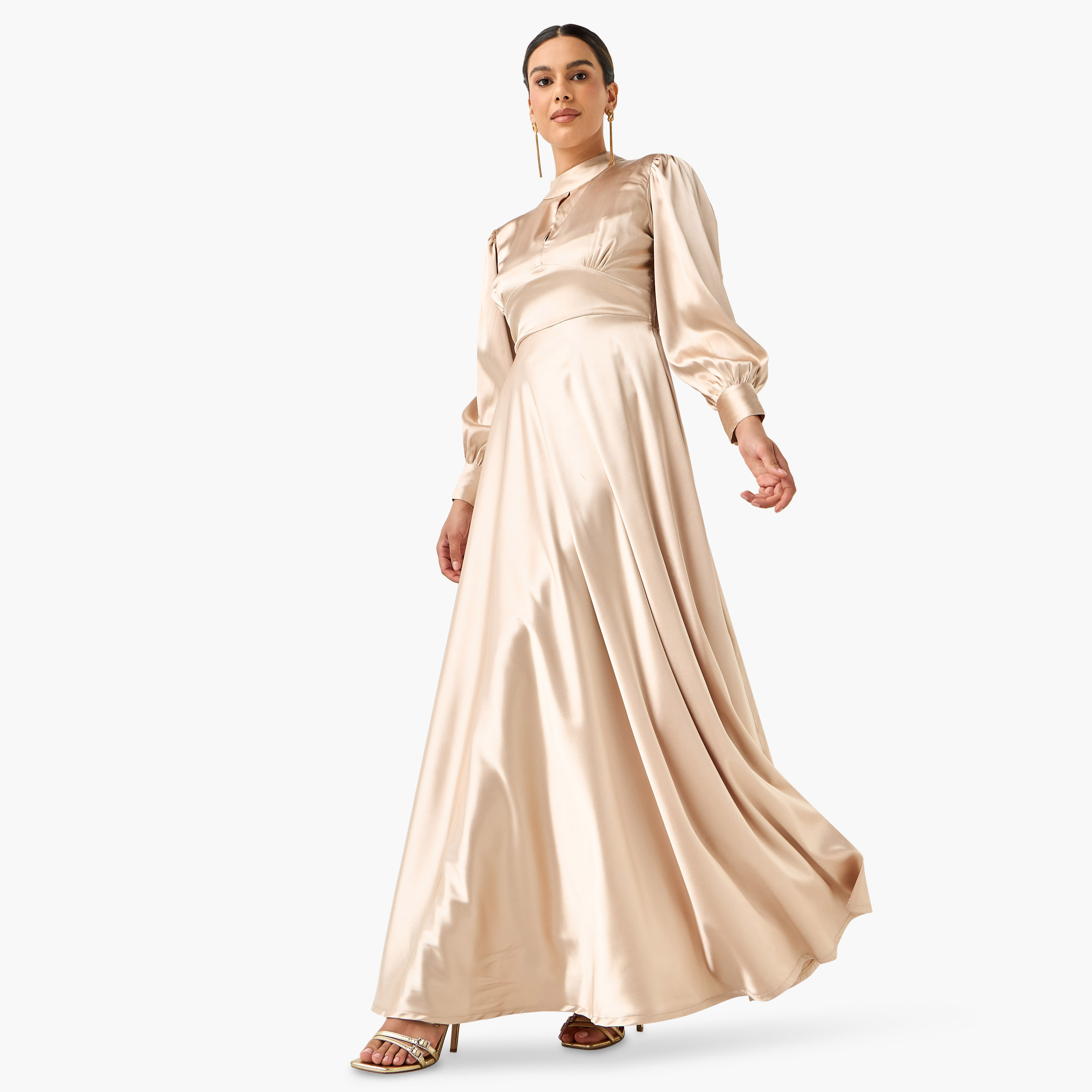 Golden Apple Solid Satin Keyhole Neck Dress with Cuff Sleeves-women-clothing-dresses-image-1