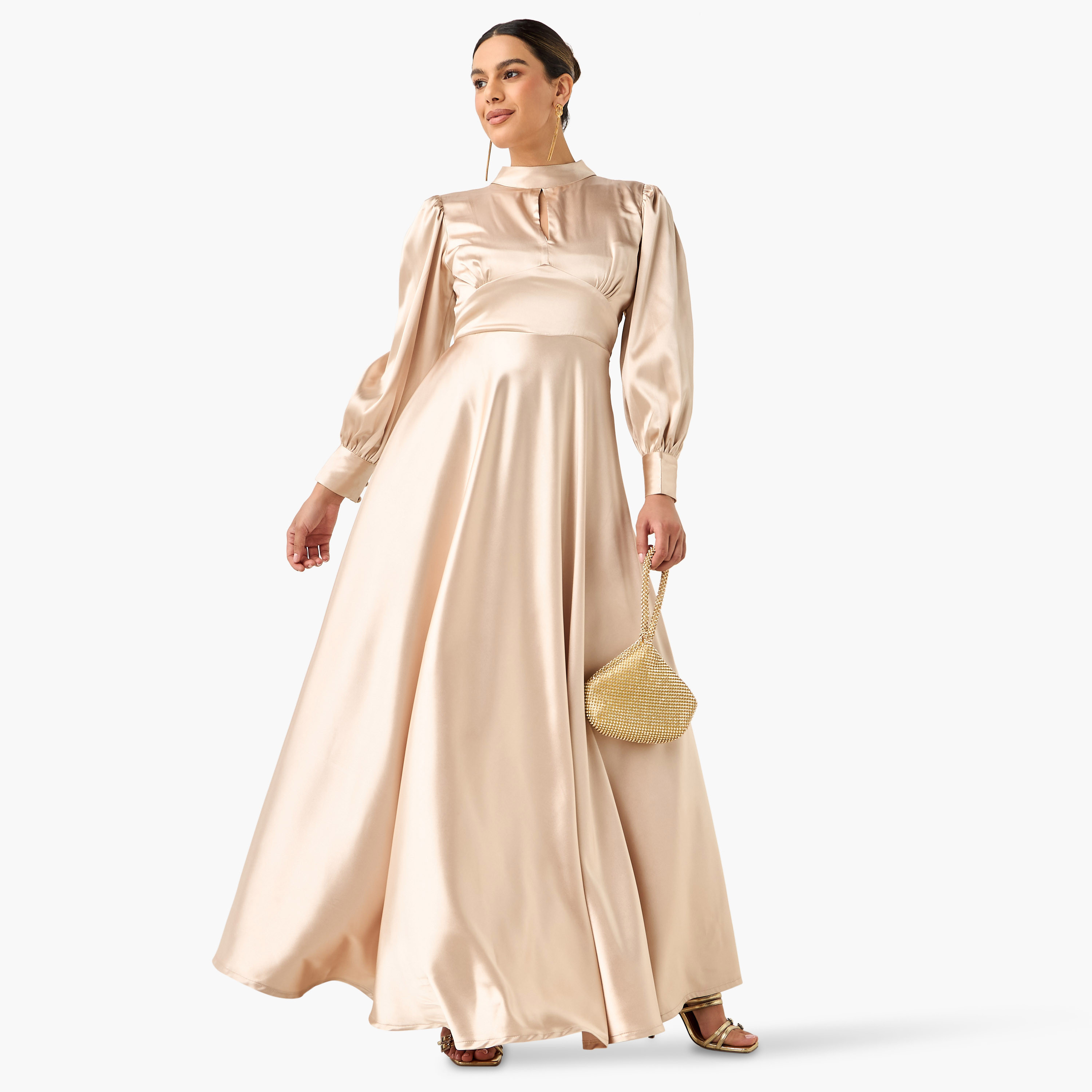 Golden Apple Solid Satin Keyhole Neck Dress with Cuff Sleeves-women-clothing-dresses-image-2