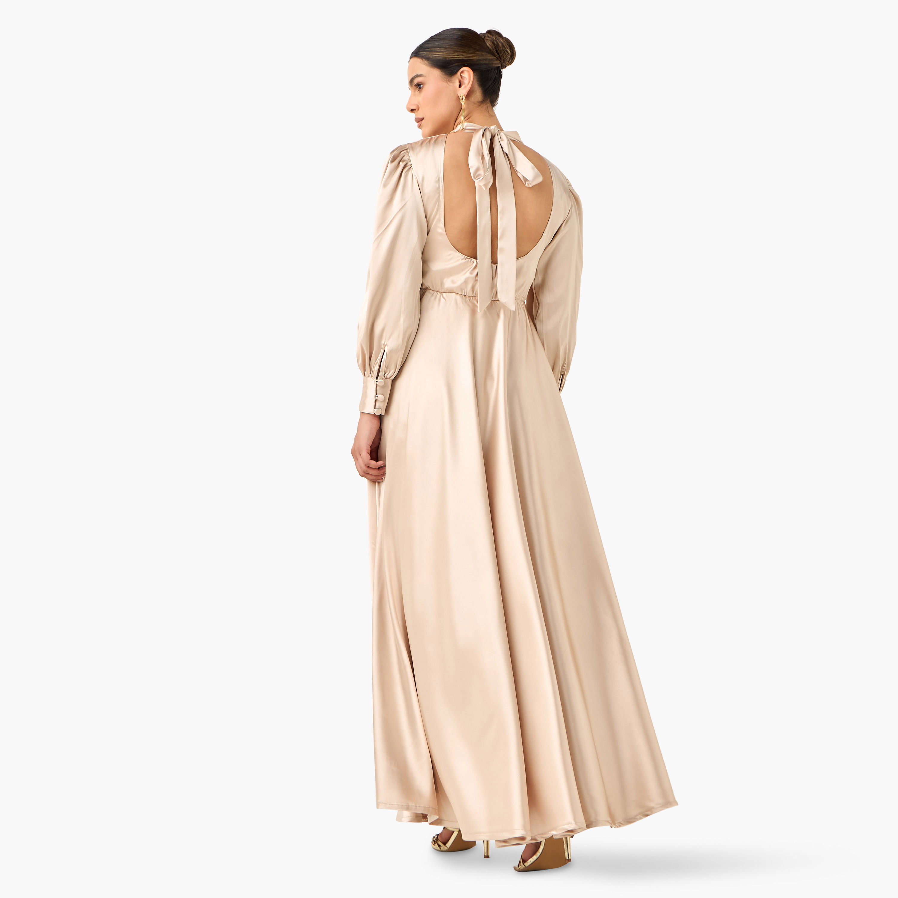 فستان ساتان سادة وياقة بفتحة عنق وأكمام بأساور من جولدن أبل-women-clothing-dresses-image-3