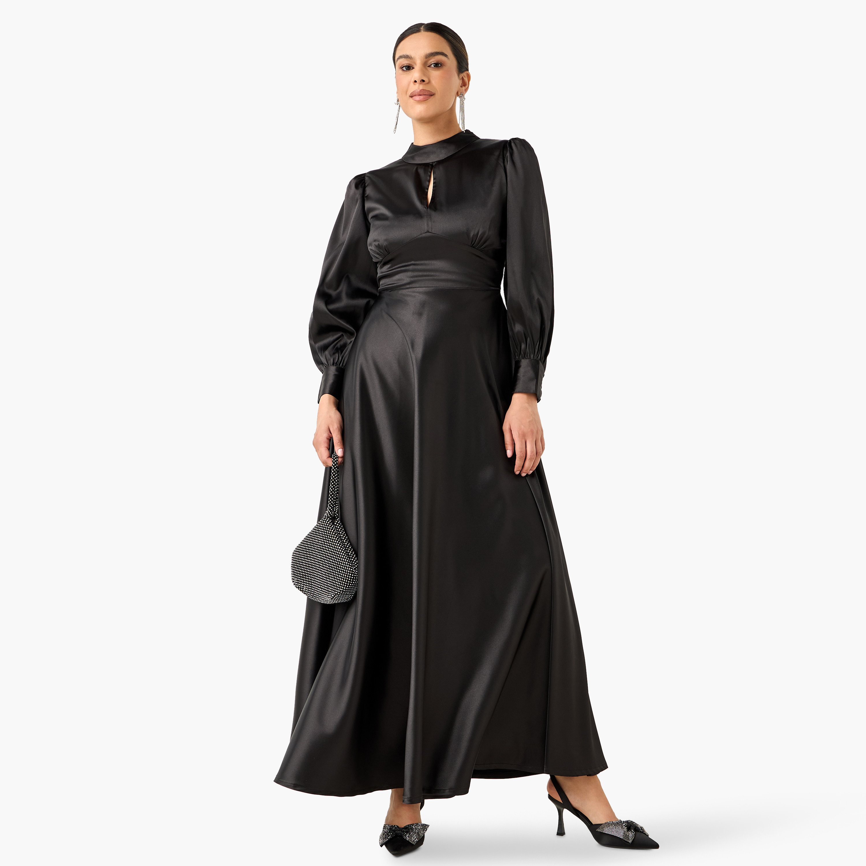 فستان ساتان سادة وياقة بفتحة عنق وأكمام بأساور من جولدن أبل-women-clothing-dresses-image-6