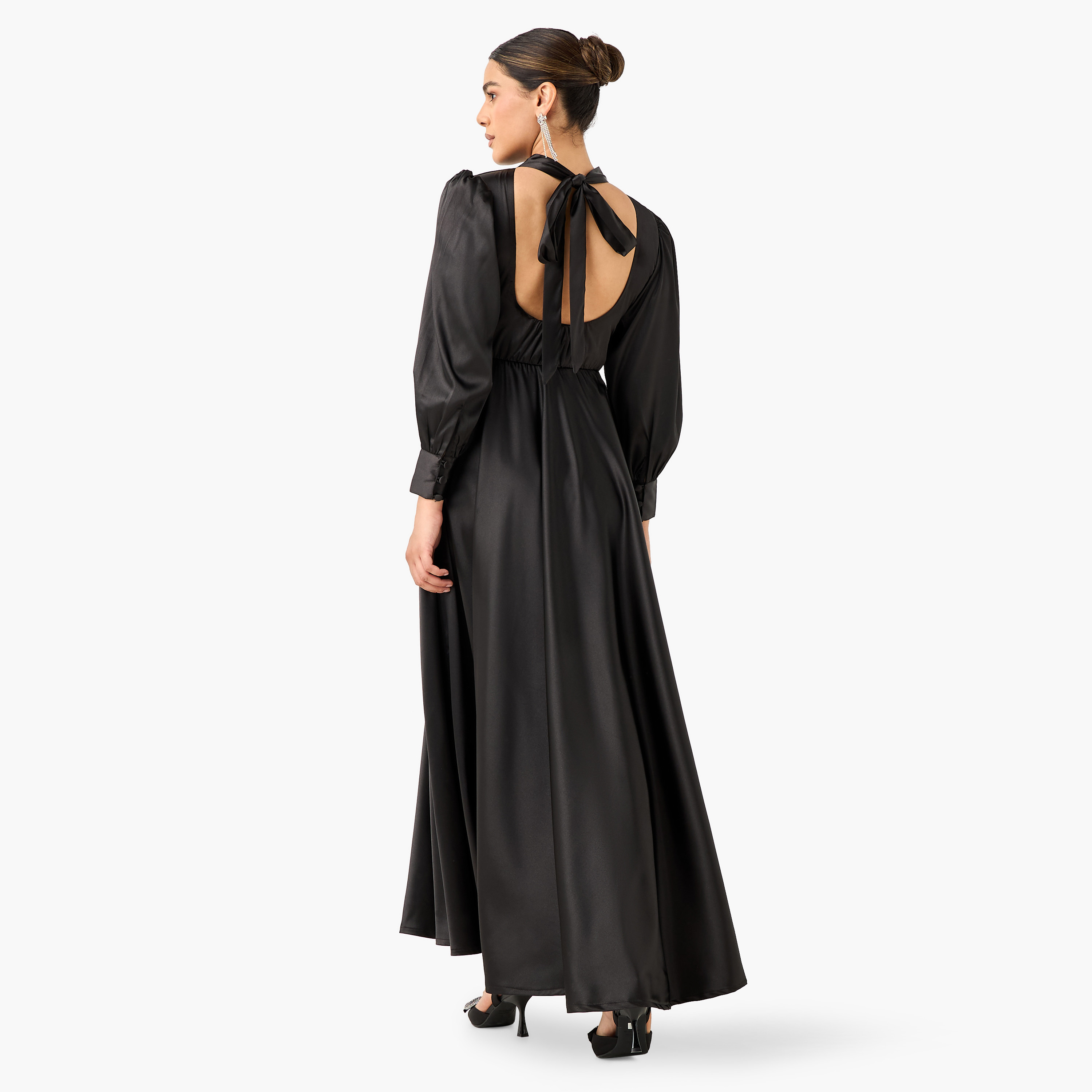 فستان ساتان سادة وياقة بفتحة عنق وأكمام بأساور من جولدن أبل-women-clothing-dresses-image-8