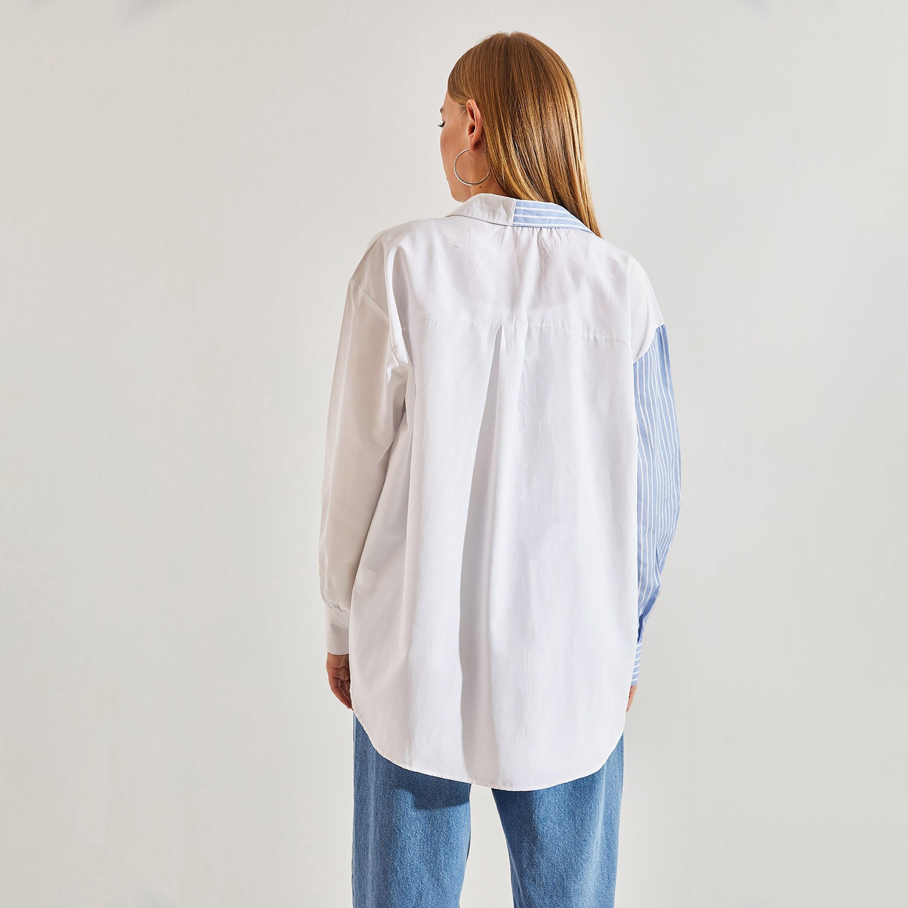 Bianco Lucci Cut & Sew Collared Blue and White Women's Shirt-women-clothing-shirtsandblouses-shirts-image-3