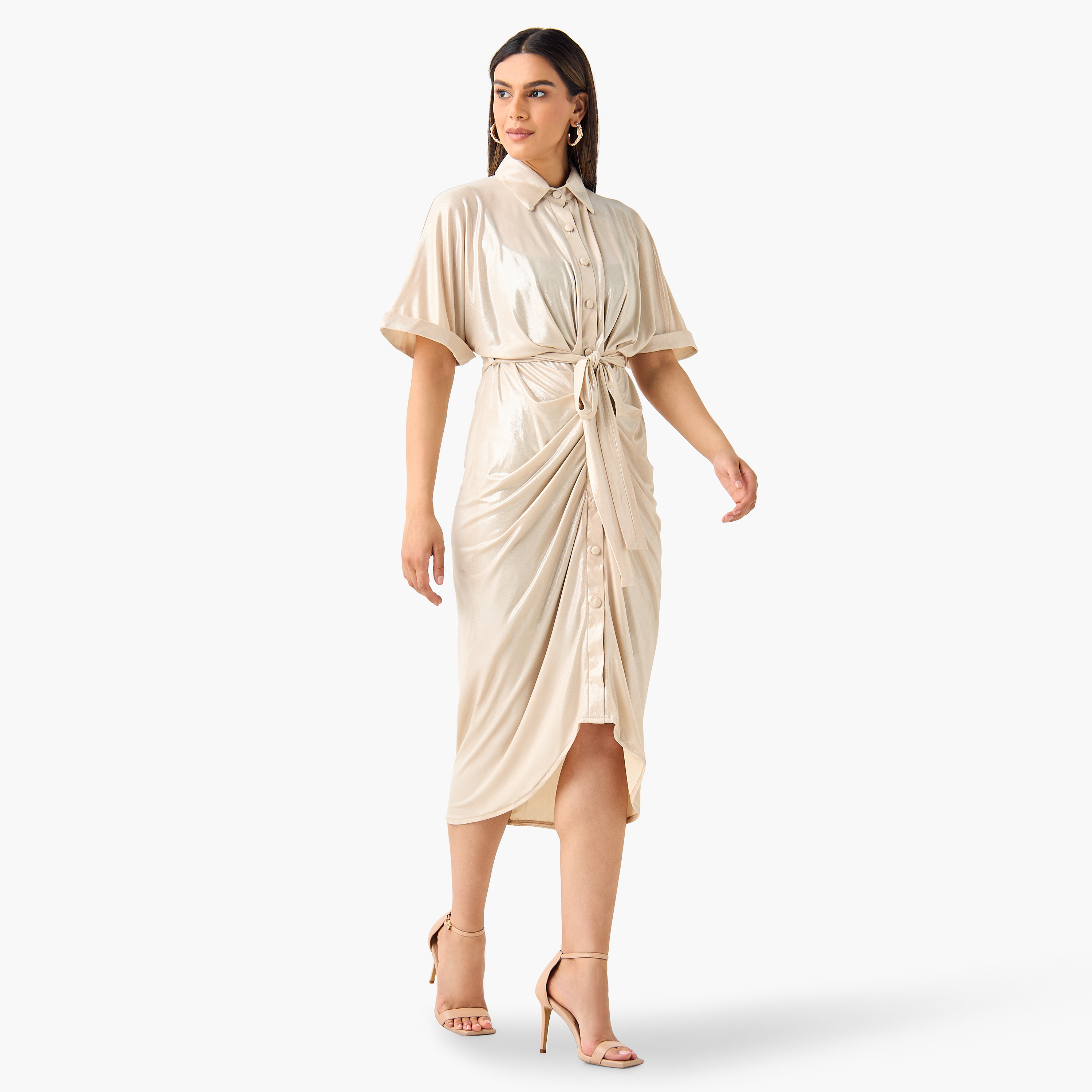 Golden Apple Draped Shirt Dress with Tie-Up Belt and Zip Closure-women-clothing-dresses-image-2