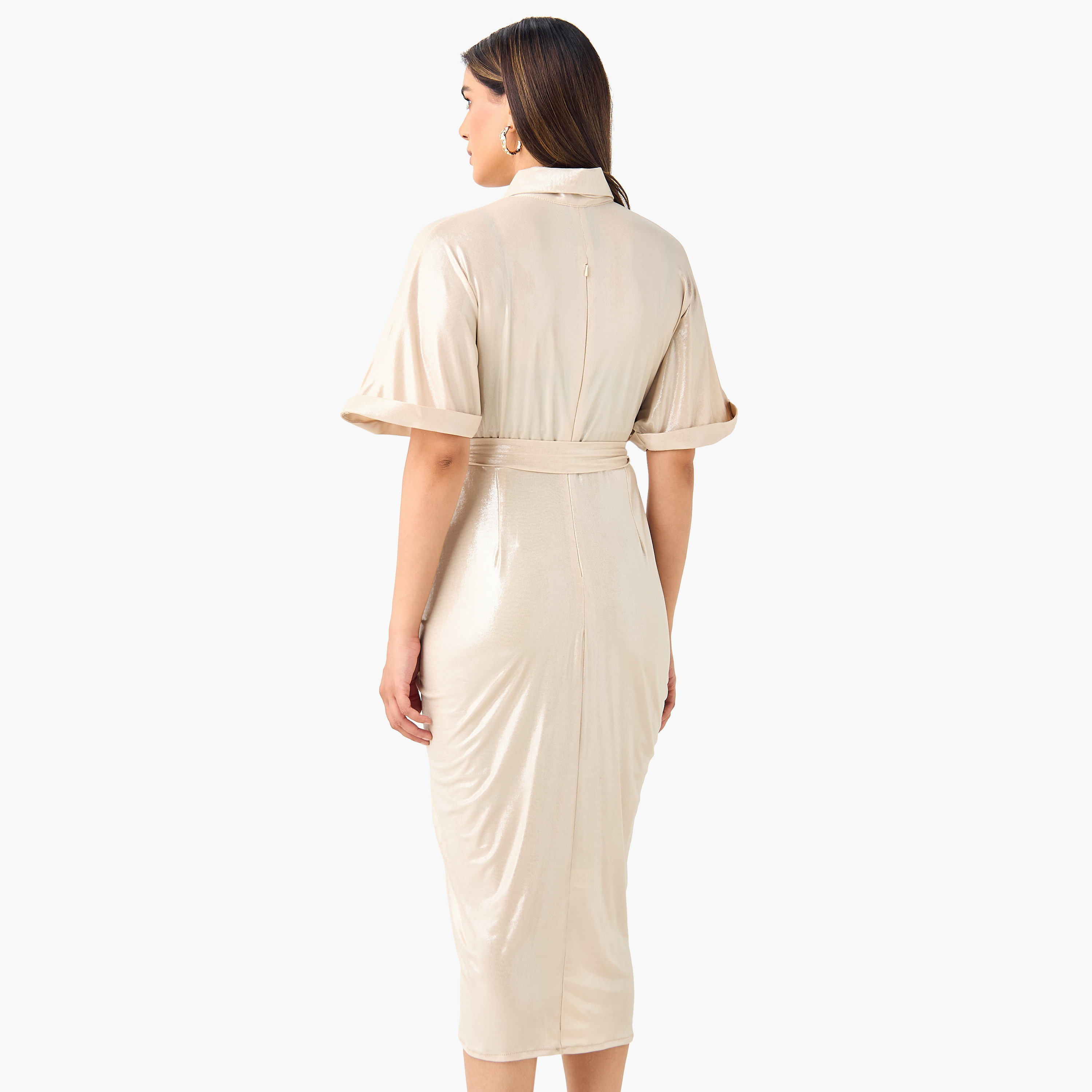 Golden Apple Draped Shirt Dress with Tie-Up Belt and Zip Closure-women-clothing-dresses-image-3