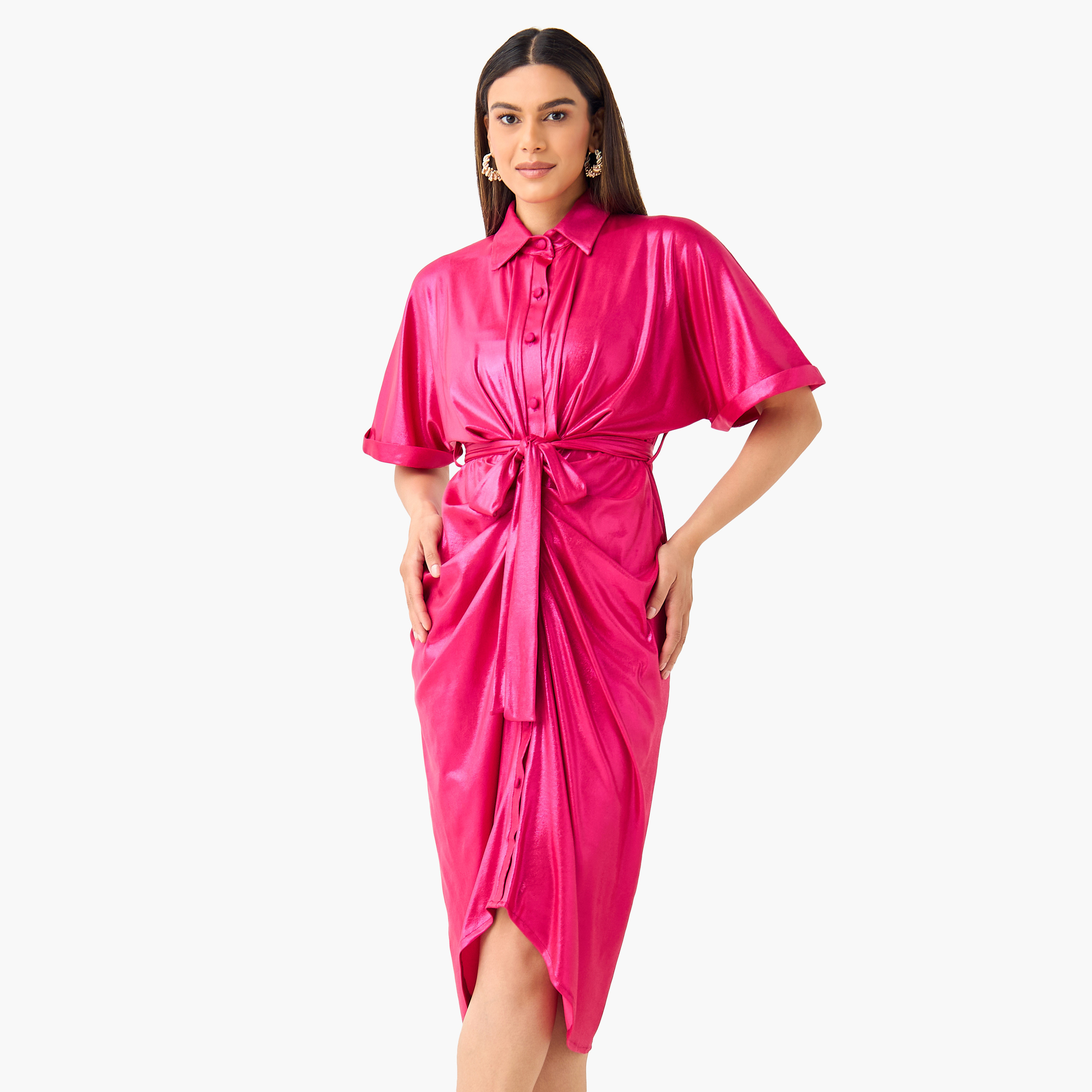 فستان قميص منسدل بحزام رباط وسحاب إغلاق من جولدن آبل-women-clothing-dresses-image-1