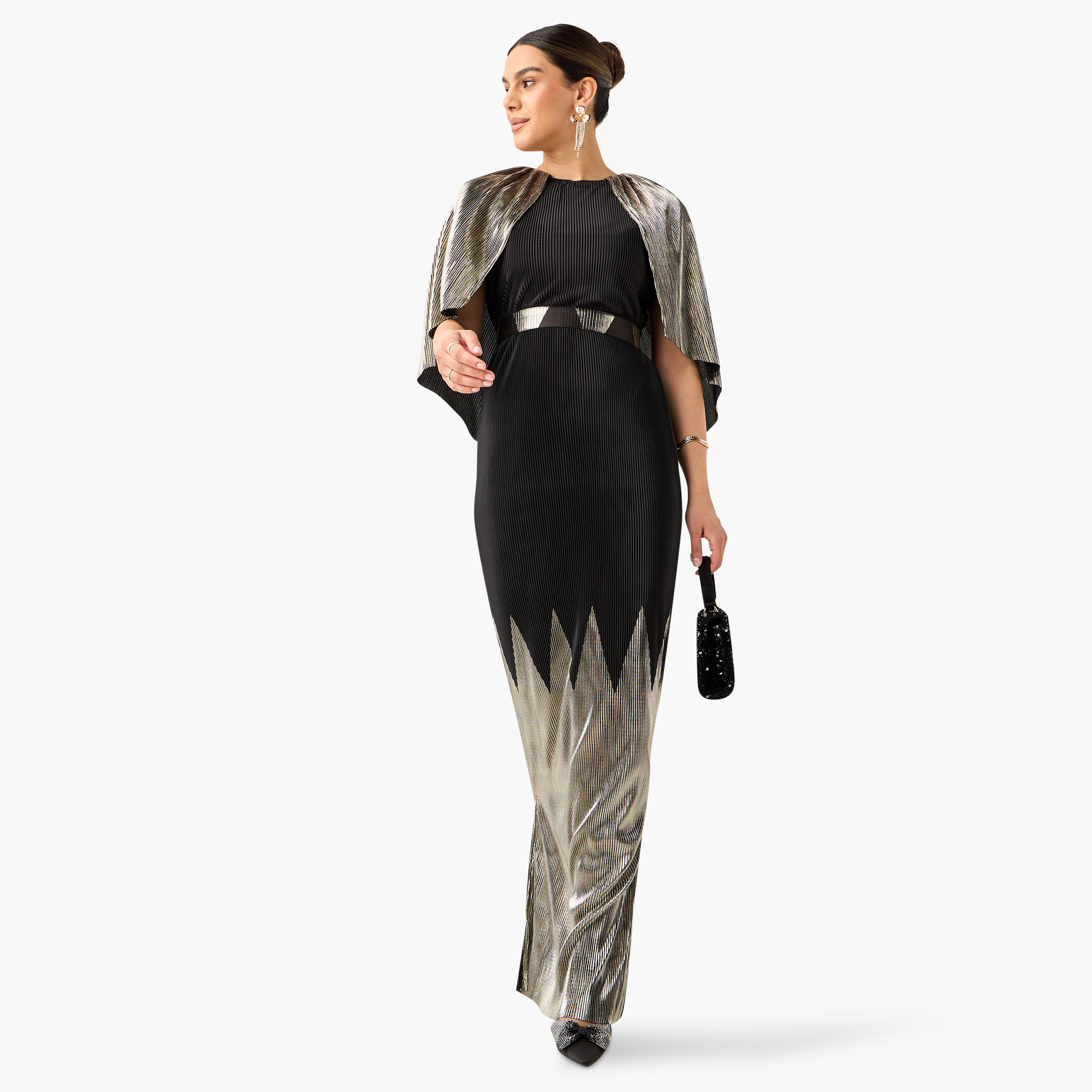 Golden Apple Pleated Maxi Dress with Round Neck and Cape Detail-women-clothing-dresses-image-1