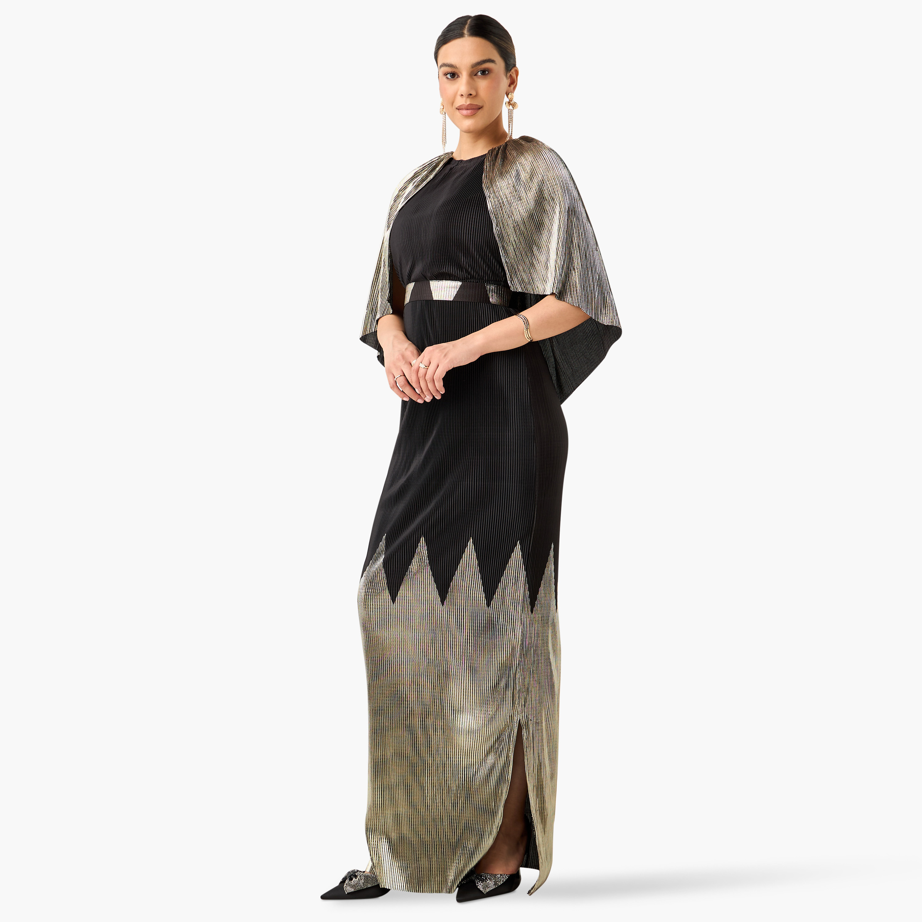 Golden Apple Pleated Maxi Dress with Round Neck and Cape Detail-women-clothing-dresses-image-2