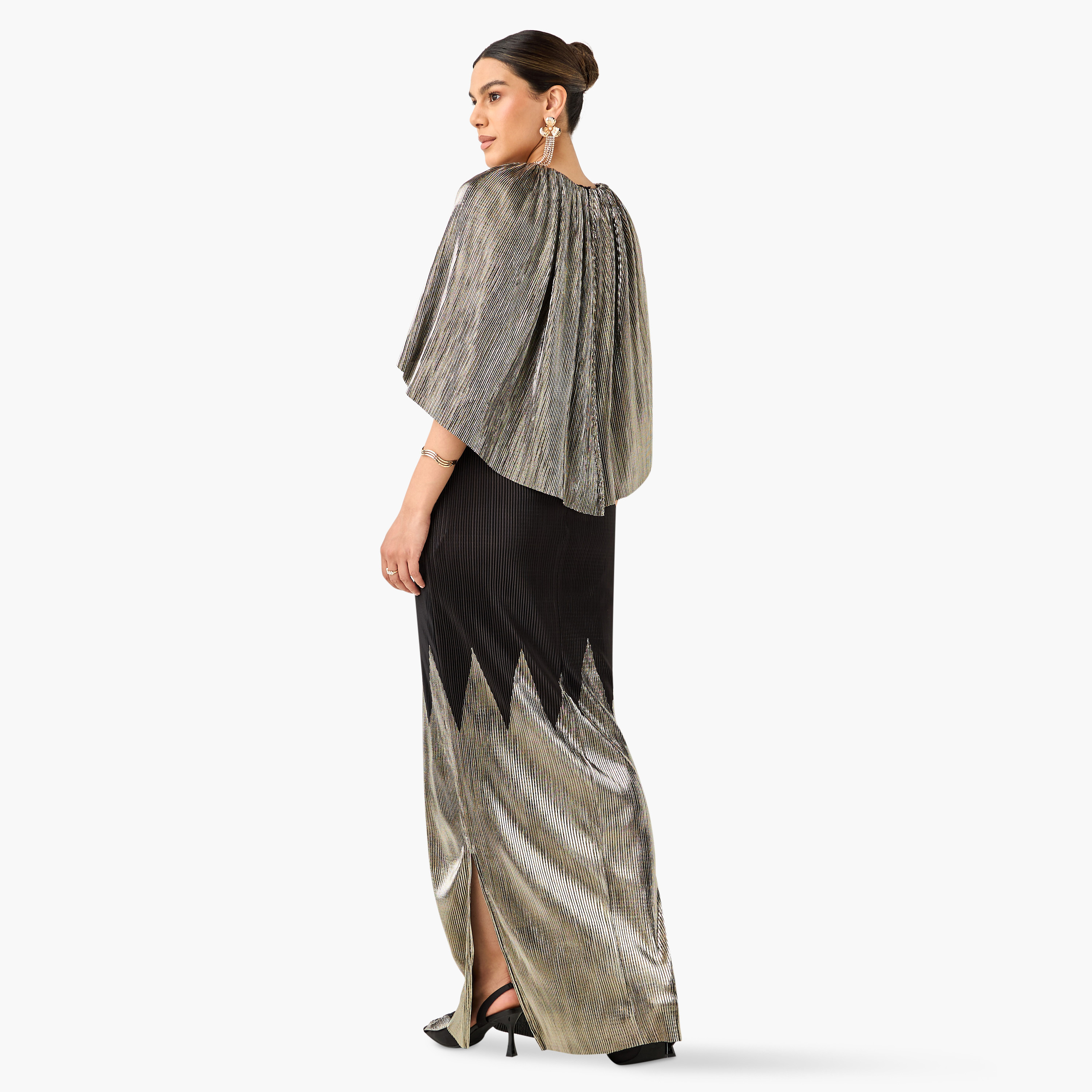 Golden Apple Pleated Maxi Dress with Round Neck and Cape Detail-women-clothing-dresses-image-3