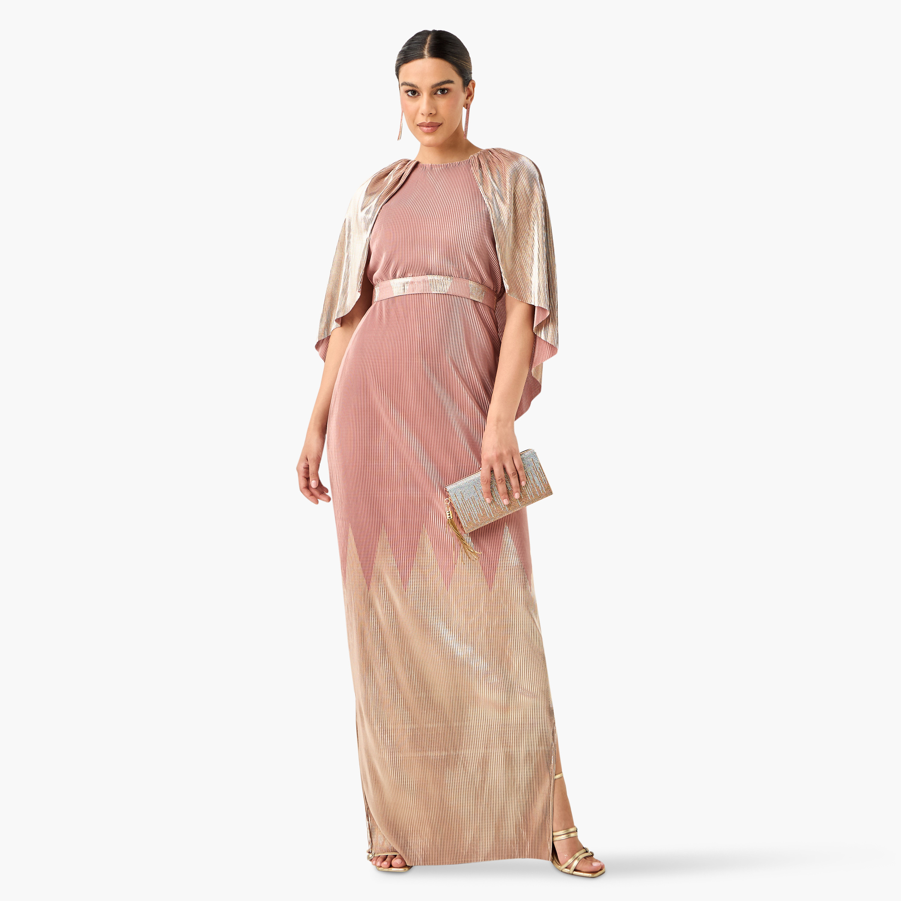 Golden Apple Pleated Maxi Dress with Round Neck and Cape Detail-women-clothing-dresses-image-6