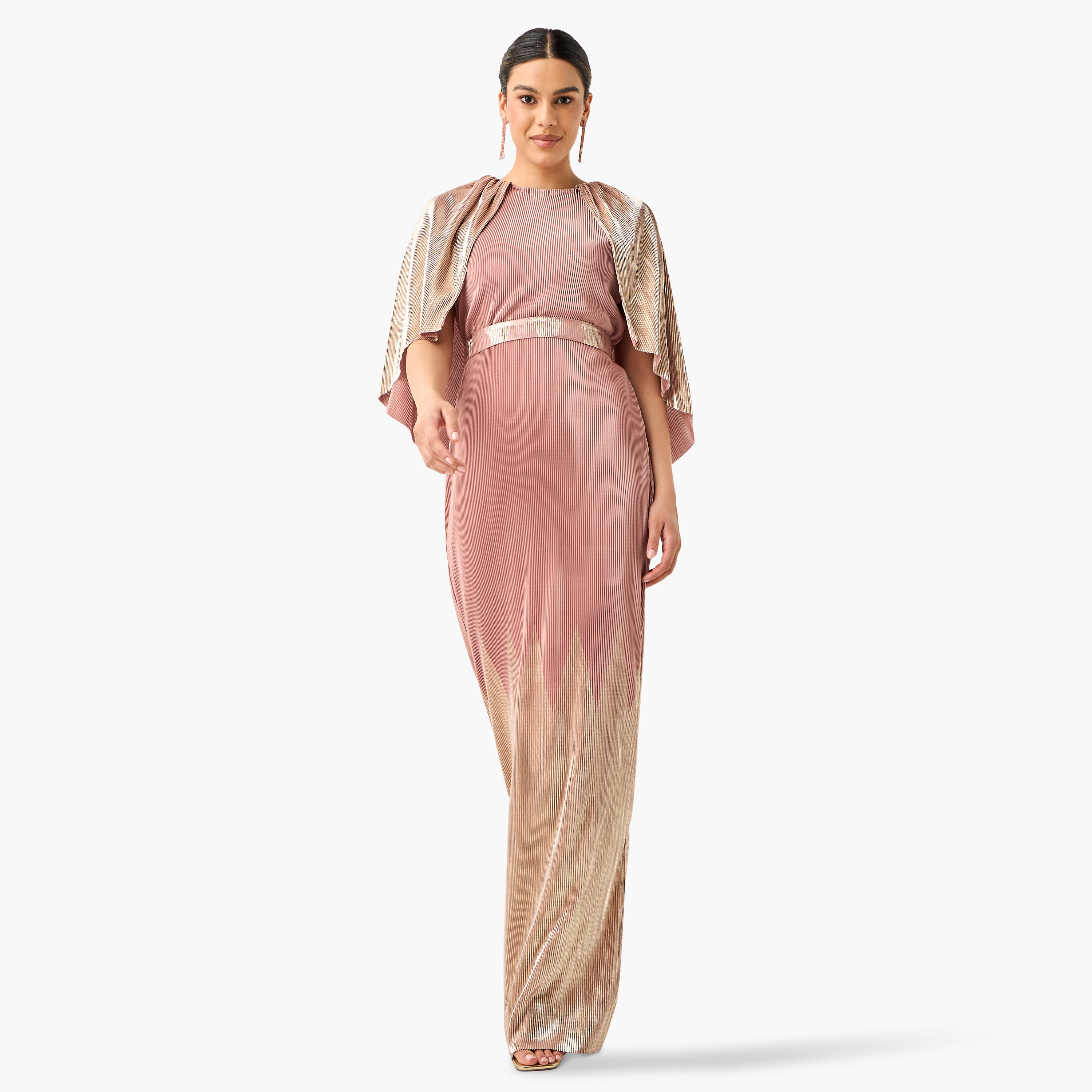 Golden Apple Pleated Maxi Dress with Round Neck and Cape Detail-women-clothing-dresses-image-7