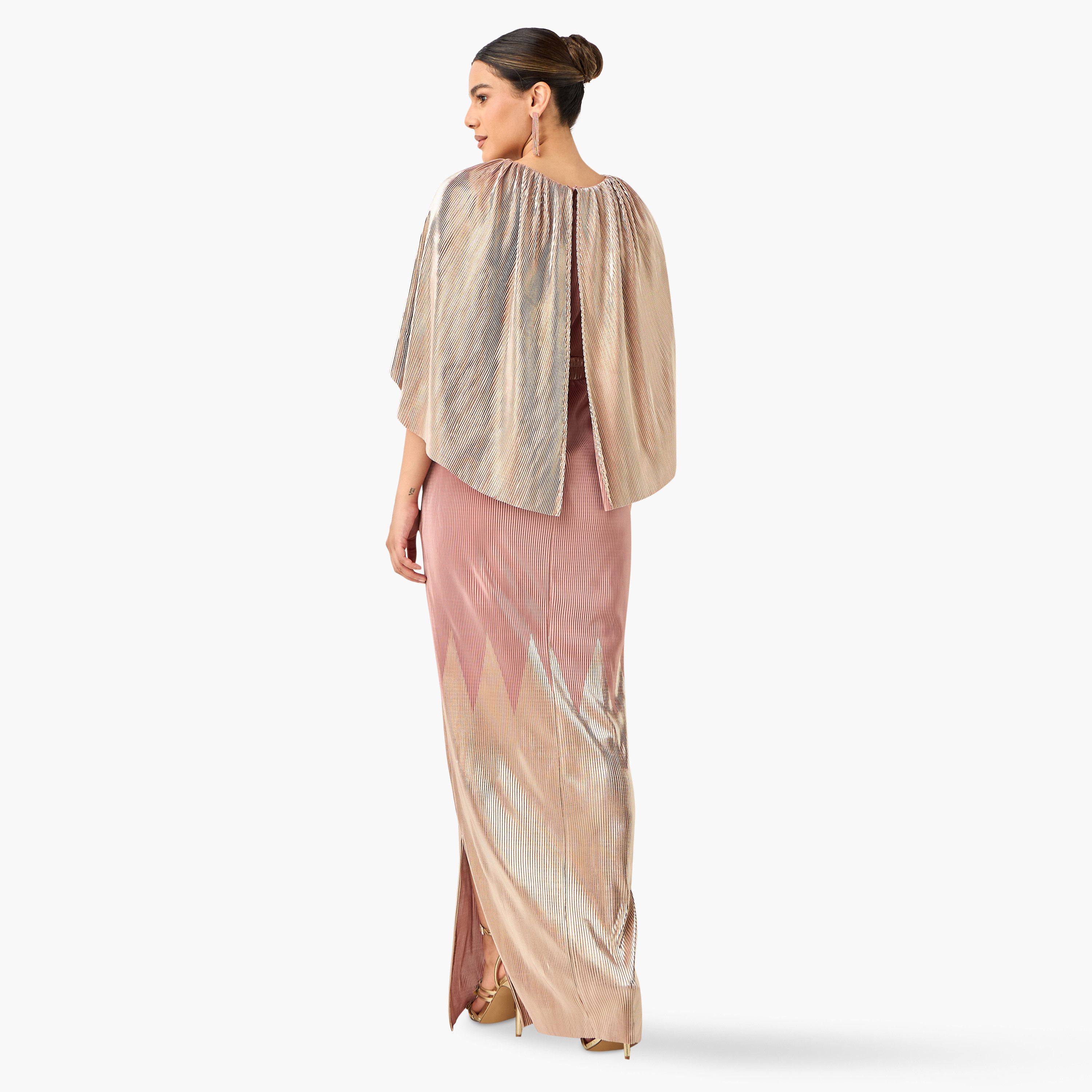 Golden Apple Pleated Maxi Dress with Round Neck and Cape Detail-women-clothing-dresses-image-8