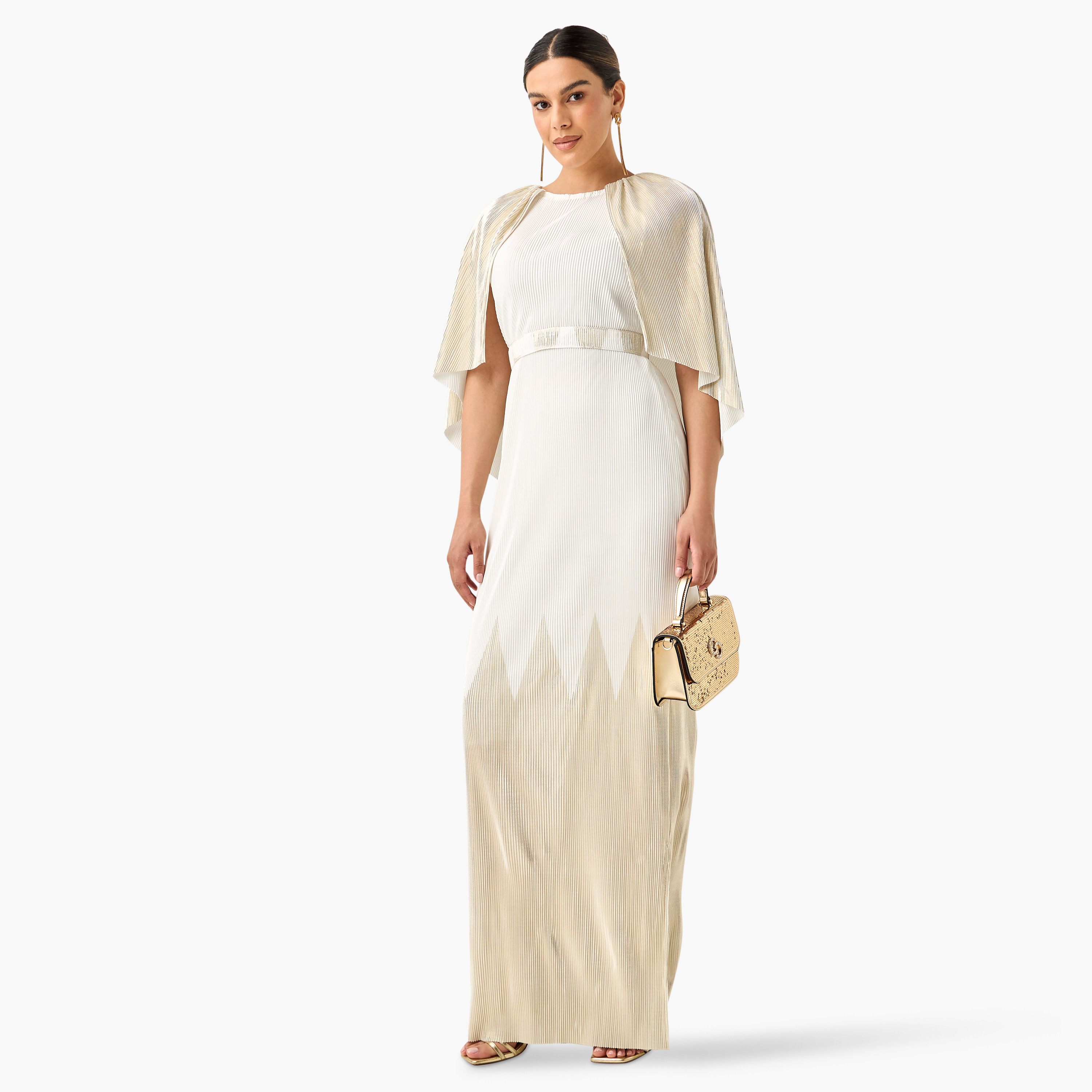 Golden Apple Pleated Maxi Dress with Round Neck and Cape Detail-women-clothing-dresses-image-11