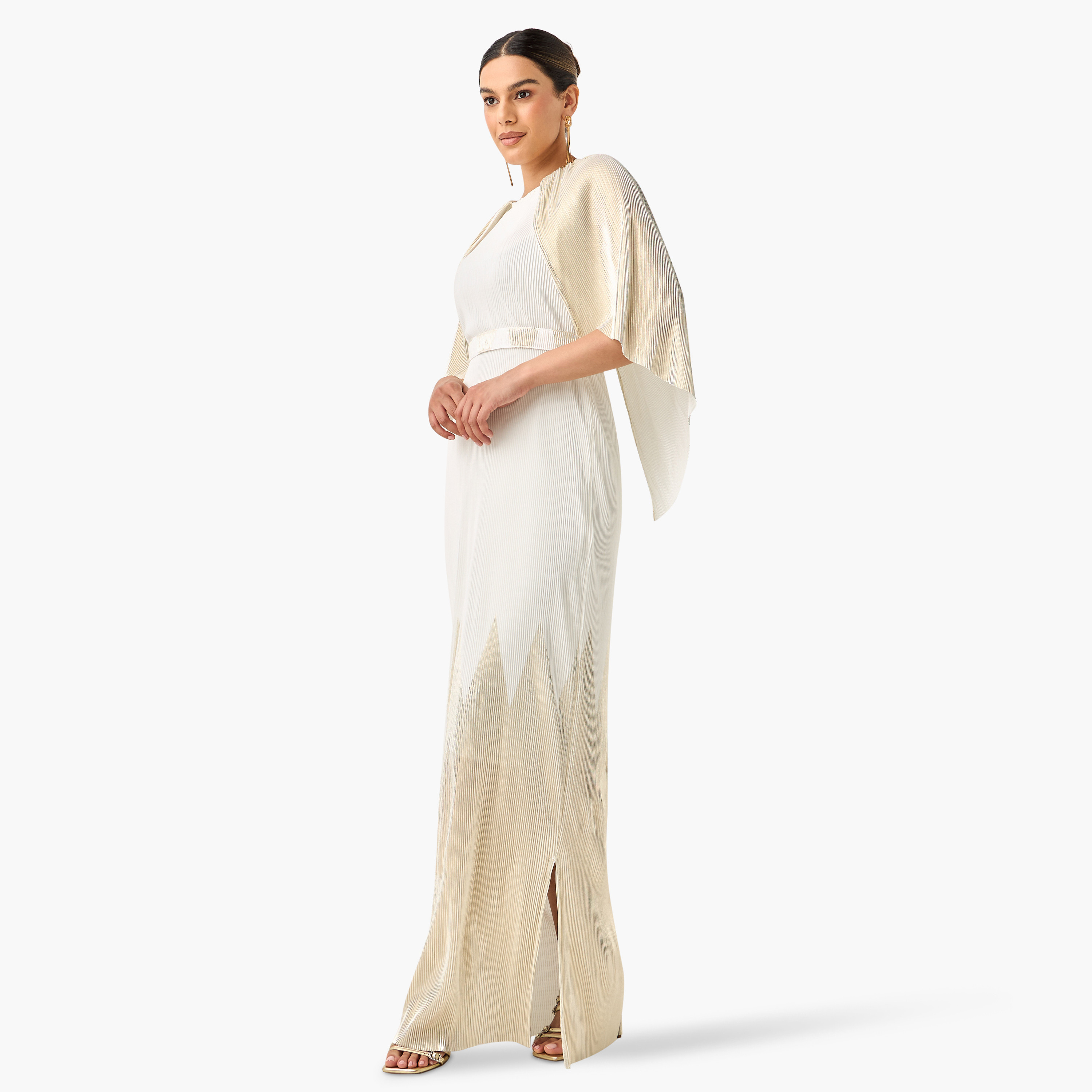 Golden Apple Pleated Maxi Dress with Round Neck and Cape Detail-women-clothing-dresses-image-12