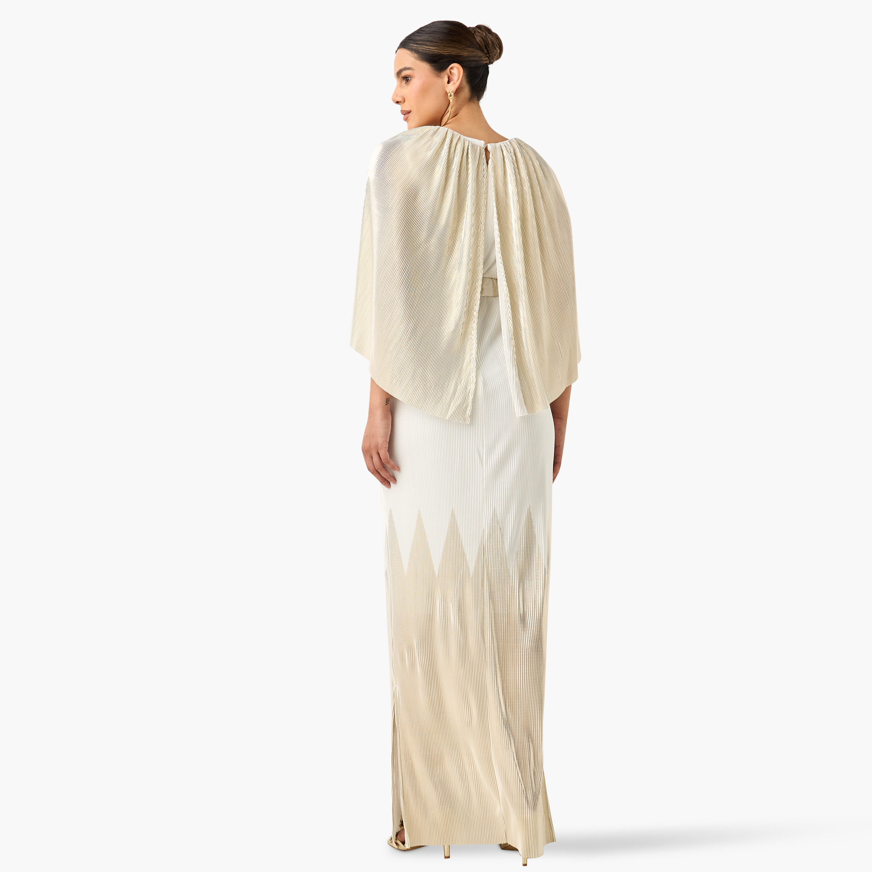 Golden Apple Pleated Maxi Dress with Round Neck and Cape Detail-women-clothing-dresses-image-13