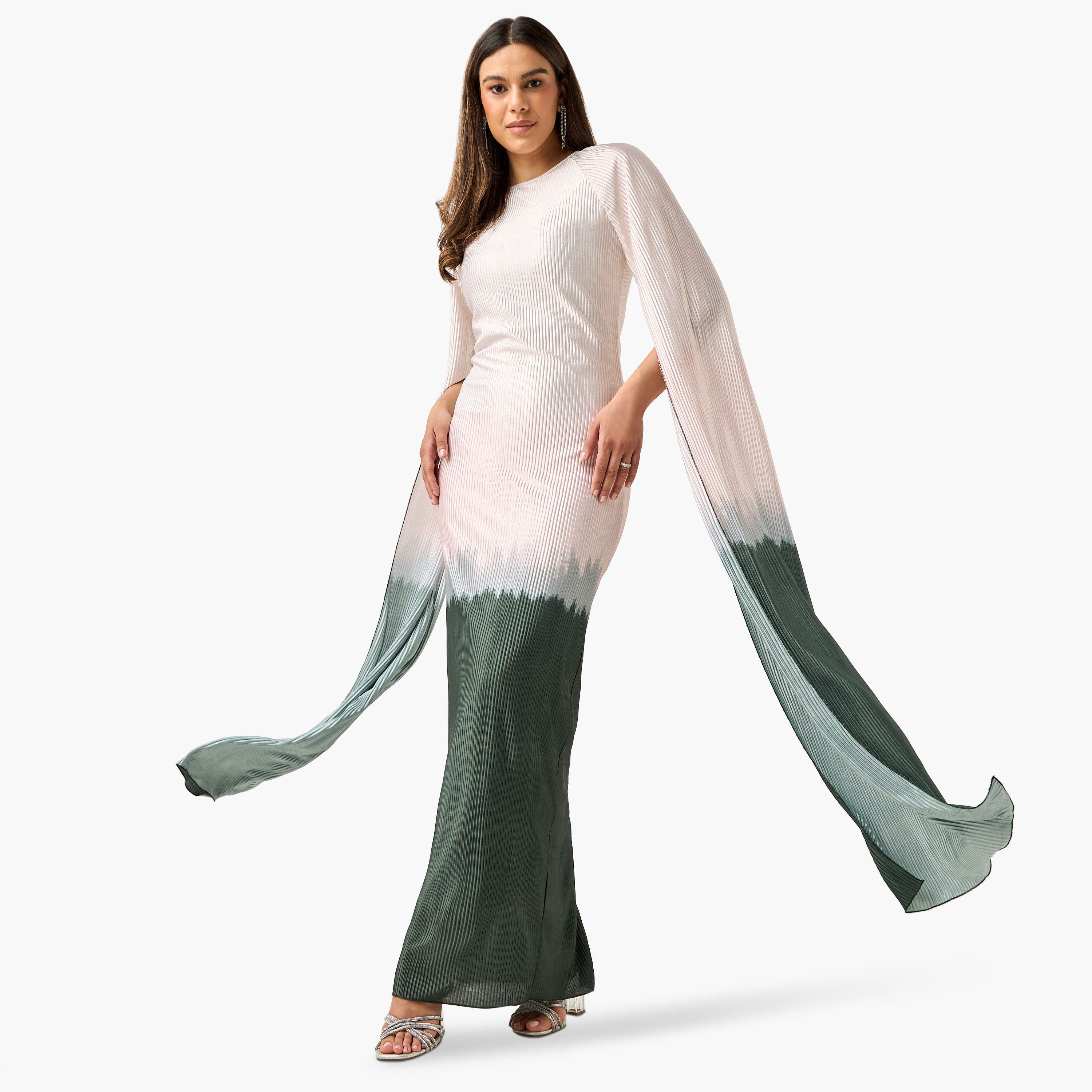 فستان طويل أومبريه بثنايا وبياقة مستديرة وأكمام طويلة بفتحة من جولدن أبل-women-clothing-dresses-image-1