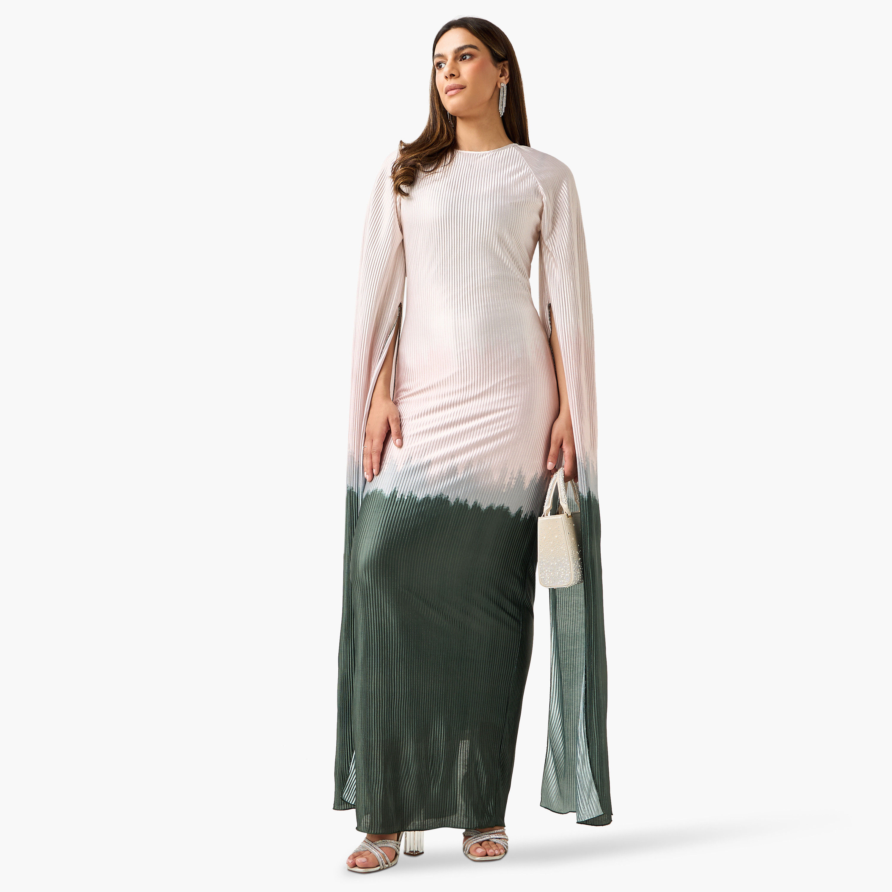 فستان طويل أومبريه بثنايا وبياقة مستديرة وأكمام طويلة بفتحة من جولدن أبل-women-clothing-dresses-image-2