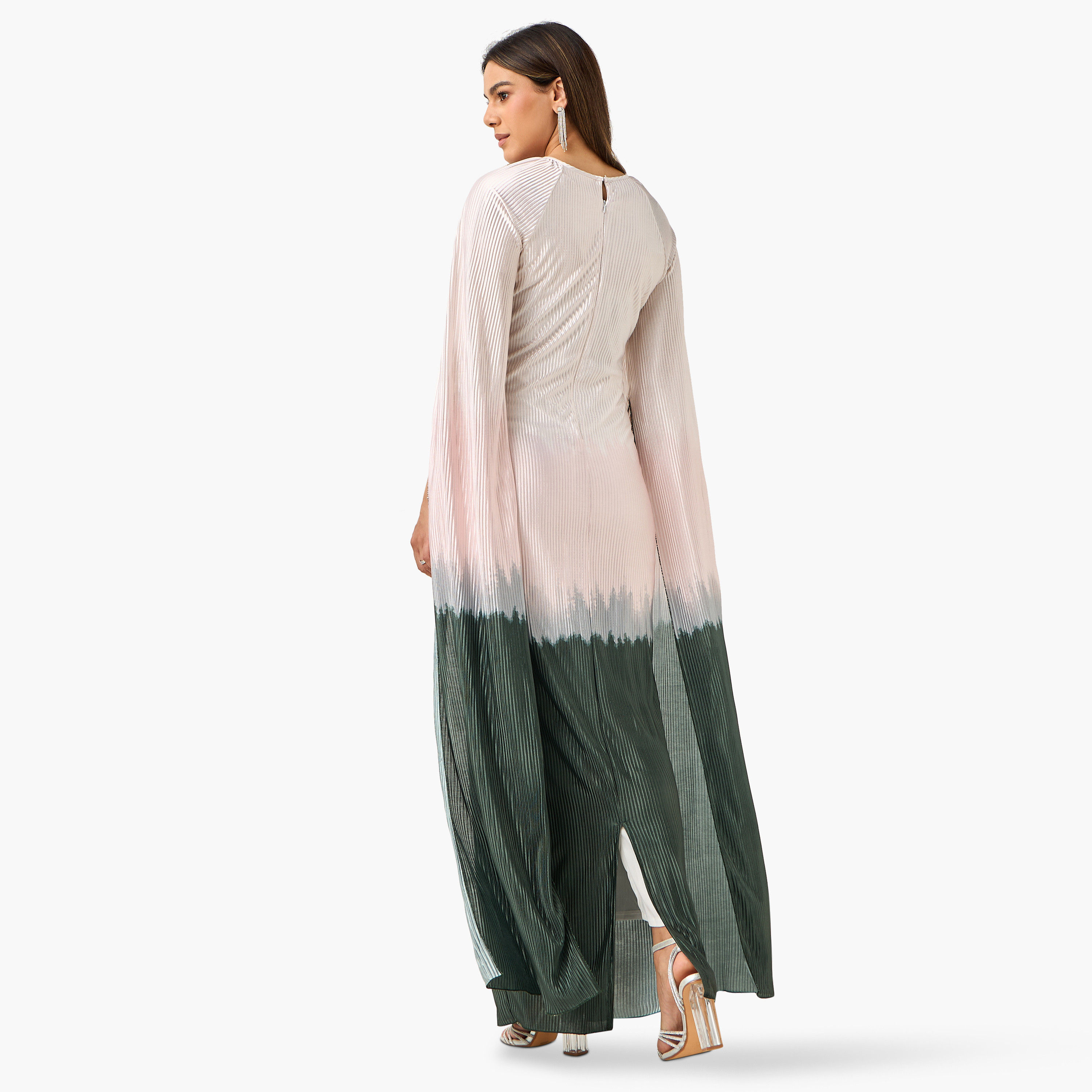 فستان طويل أومبريه بثنايا وبياقة مستديرة وأكمام طويلة بفتحة من جولدن أبل-women-clothing-dresses-image-3