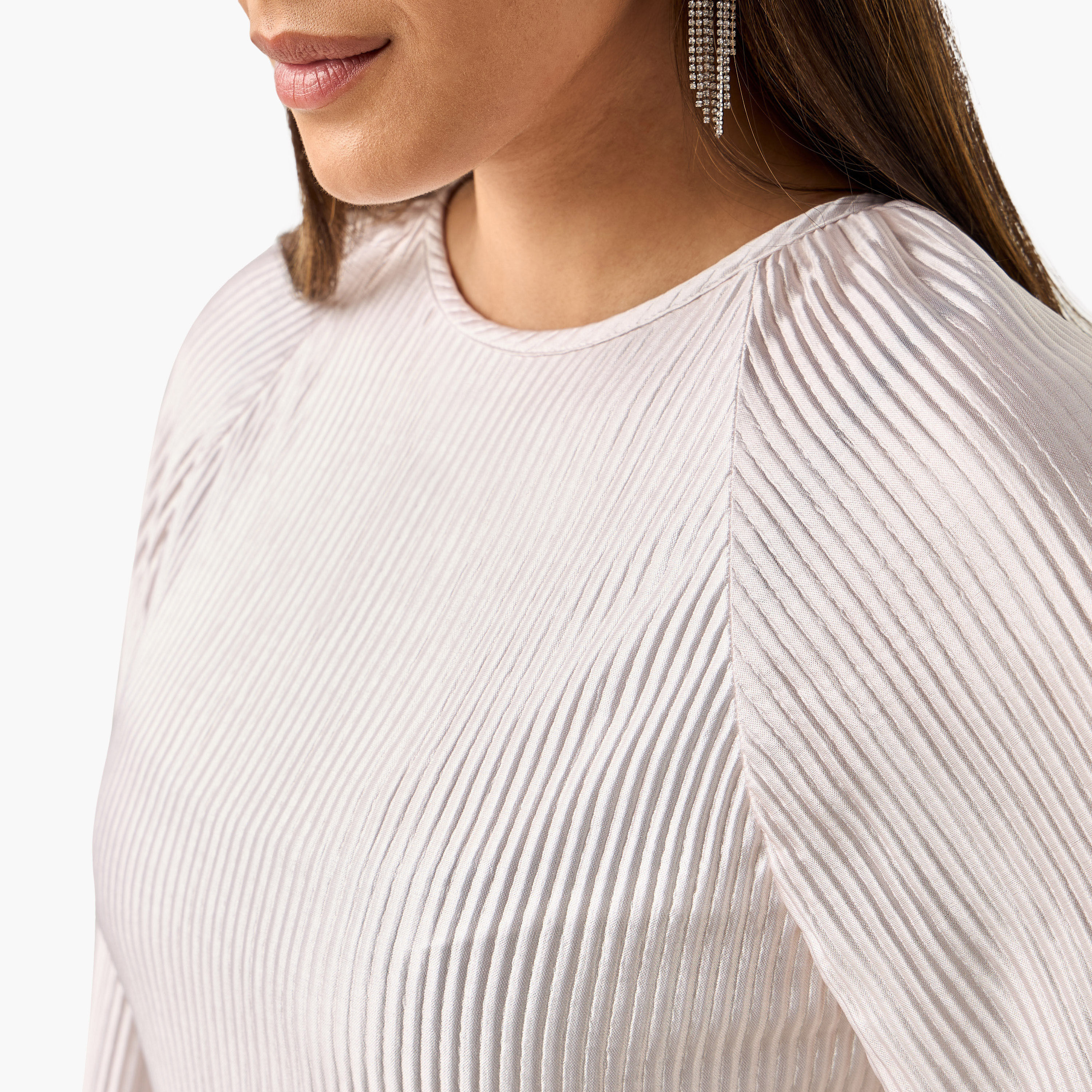 فستان طويل أومبريه بثنايا وبياقة مستديرة وأكمام طويلة بفتحة من جولدن أبل-women-clothing-dresses-image-4