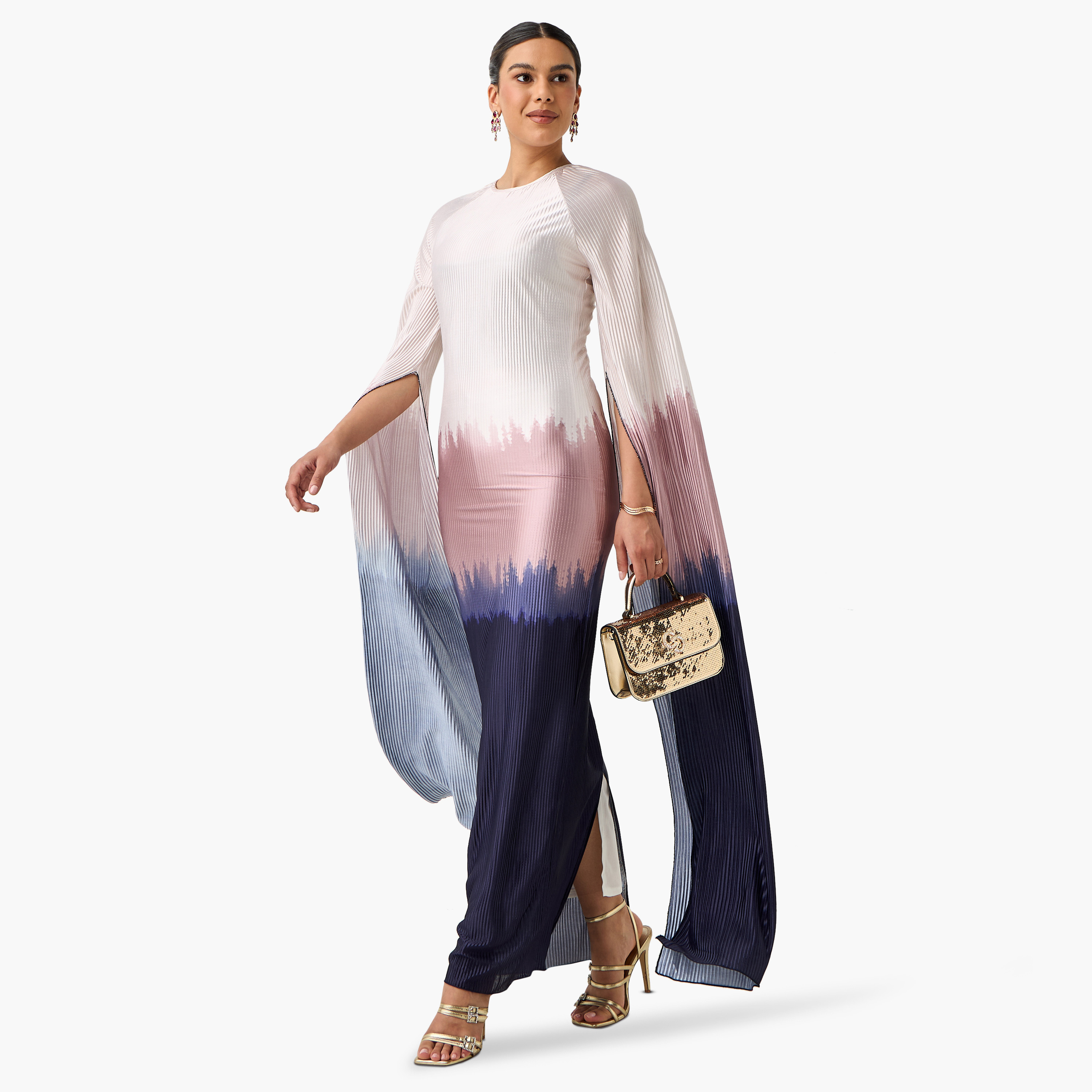 فستان طويل أومبريه بثنايا وبياقة مستديرة وأكمام طويلة بفتحة من جولدن أبل-women-clothing-dresses-image-6