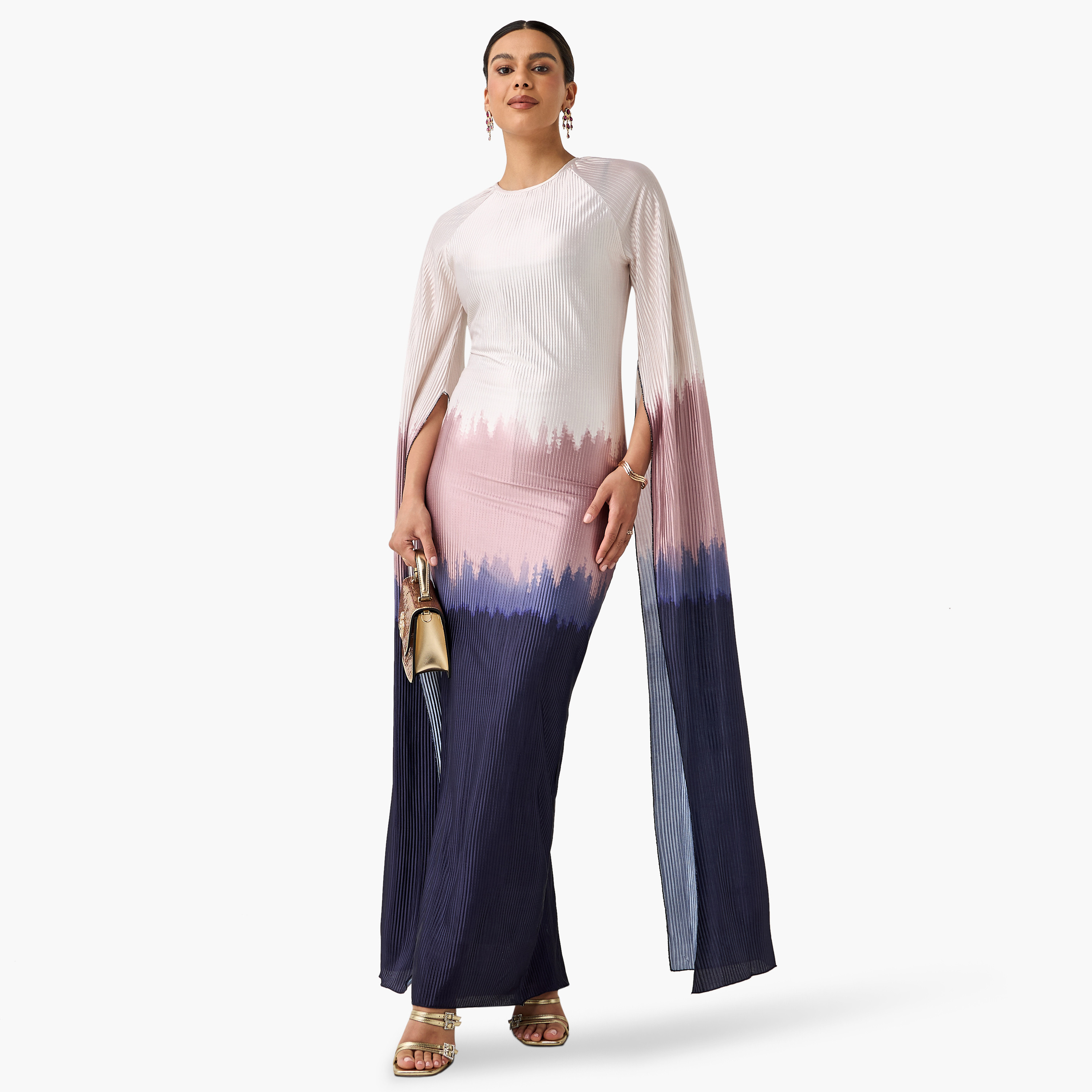 فستان طويل أومبريه بثنايا وبياقة مستديرة وأكمام طويلة بفتحة من جولدن أبل-women-clothing-dresses-image-7