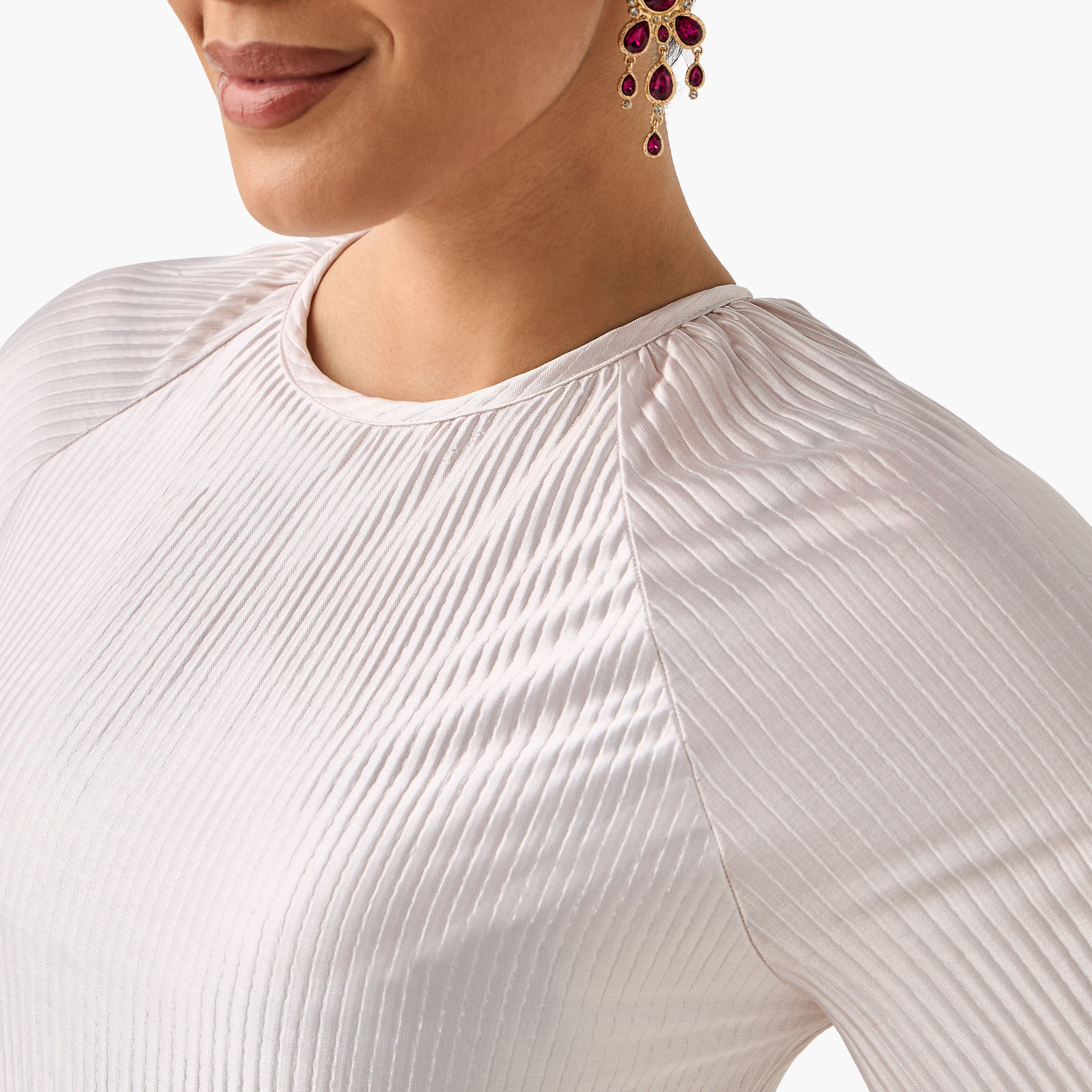 فستان طويل أومبريه بثنايا وبياقة مستديرة وأكمام طويلة بفتحة من جولدن أبل-women-clothing-dresses-image-9
