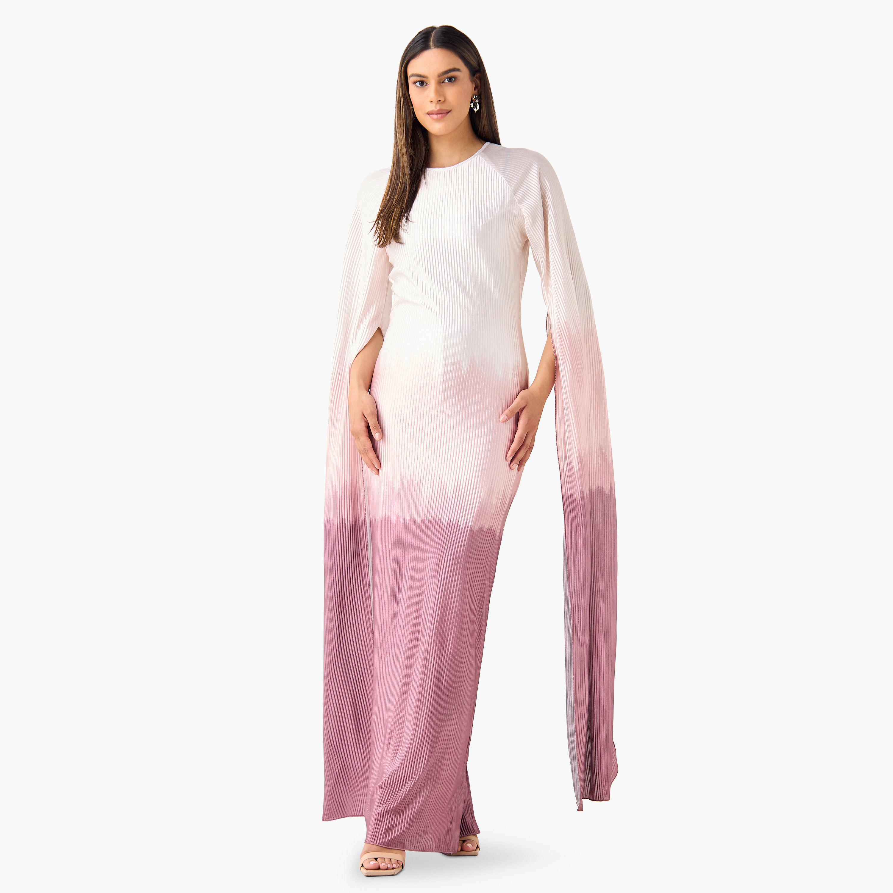 فستان طويل أومبريه بثنايا وبياقة مستديرة وأكمام طويلة بفتحة من جولدن أبل-women-clothing-dresses-image-11