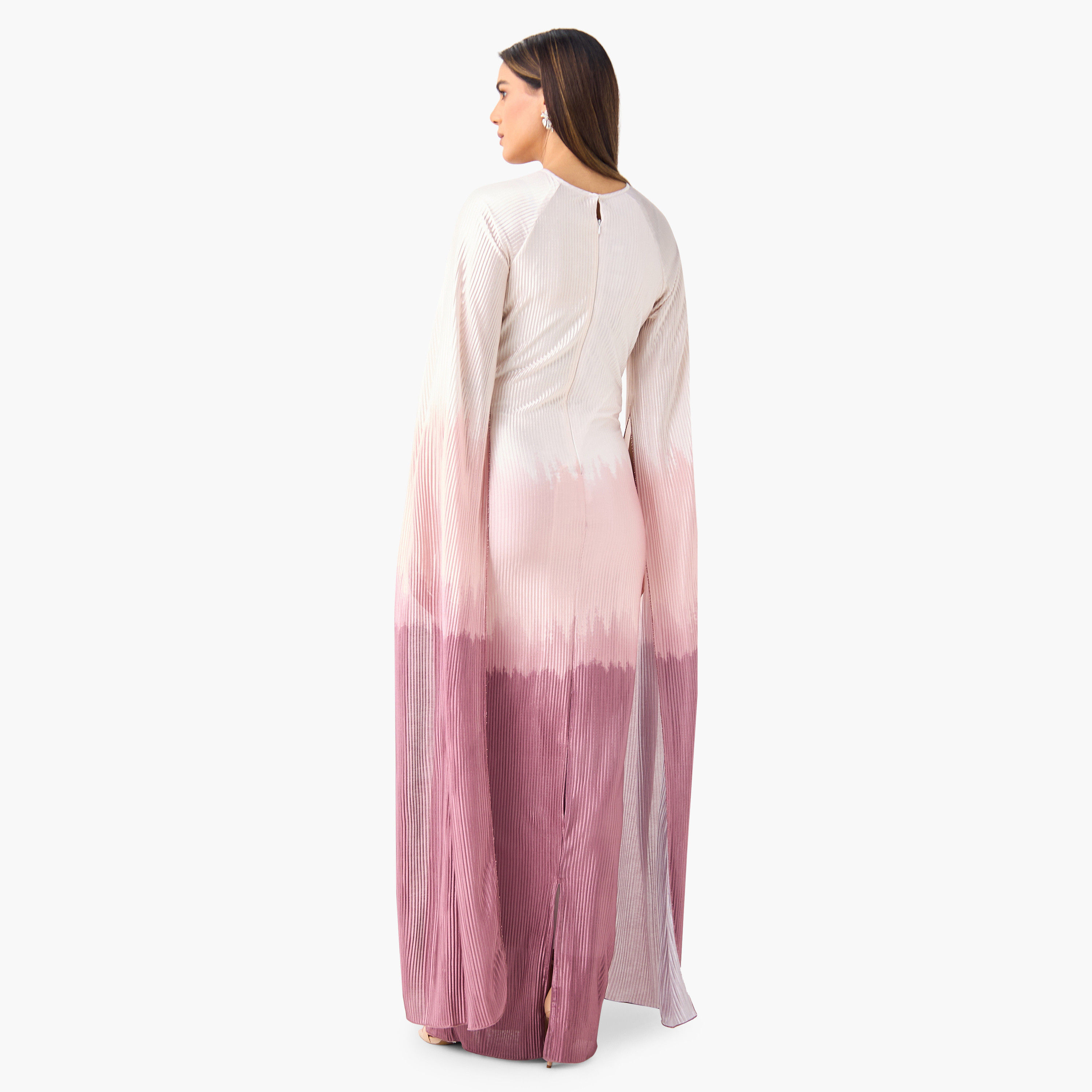 فستان طويل أومبريه بثنايا وبياقة مستديرة وأكمام طويلة بفتحة من جولدن أبل-women-clothing-dresses-image-12