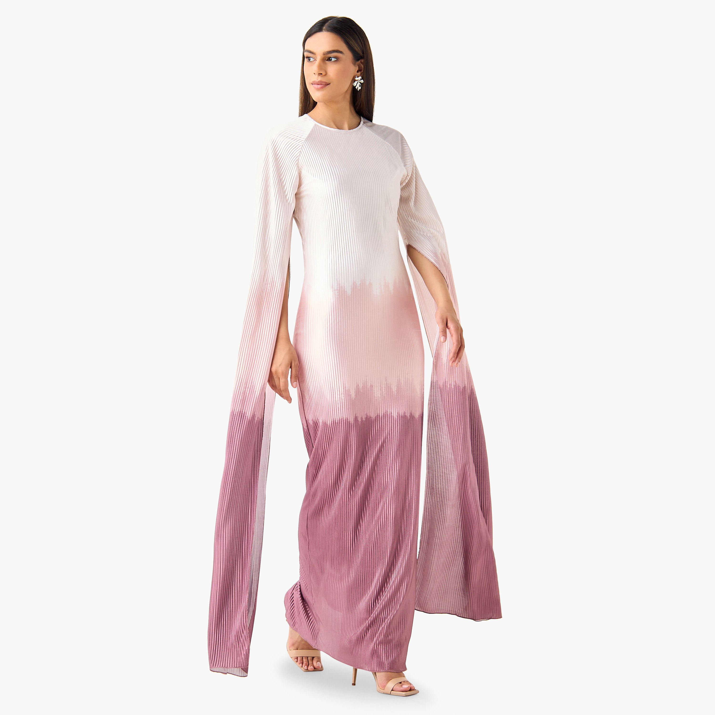 فستان طويل أومبريه بثنايا وبياقة مستديرة وأكمام طويلة بفتحة من جولدن أبل-women-clothing-dresses-image-13