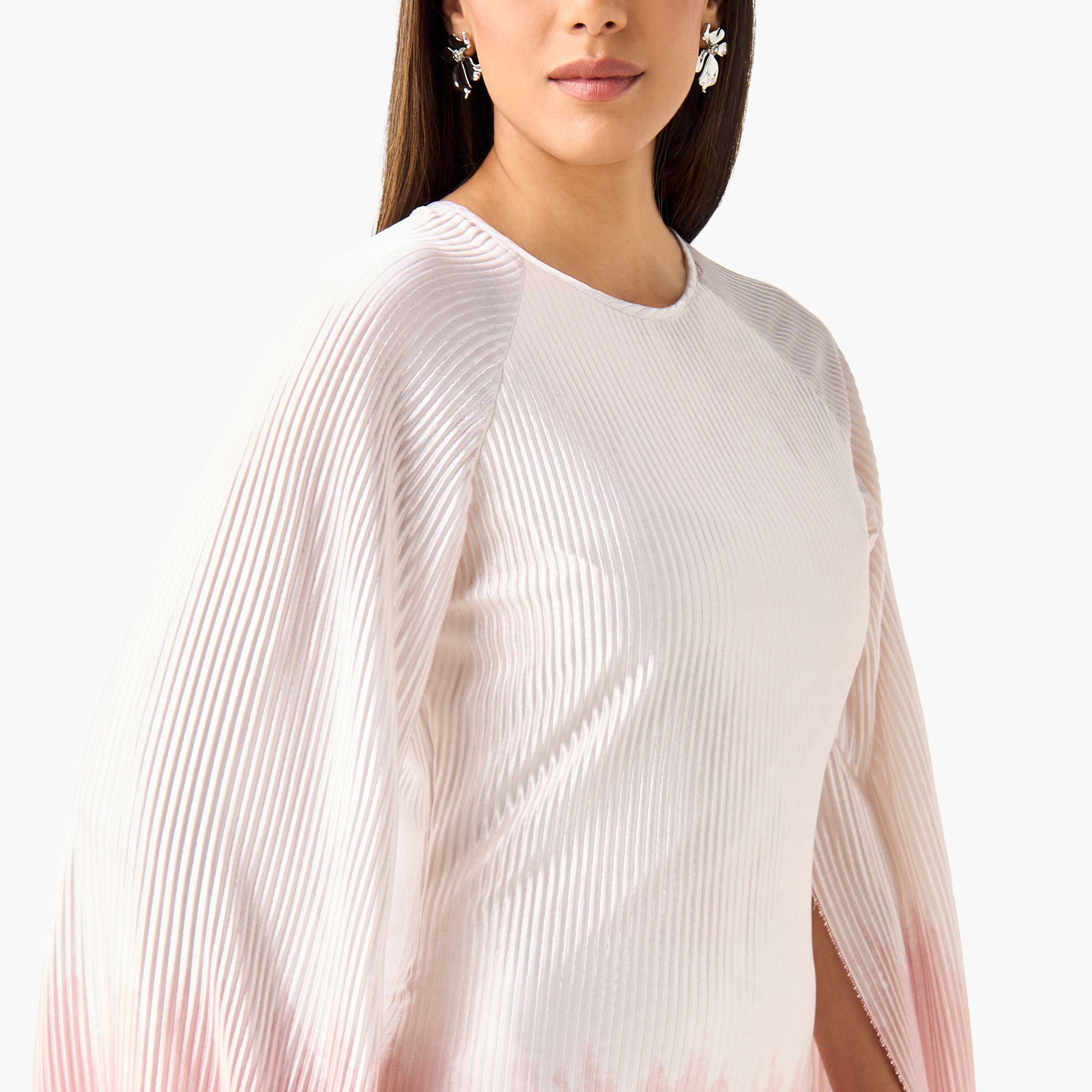 فستان طويل أومبريه بثنايا وبياقة مستديرة وأكمام طويلة بفتحة من جولدن أبل-women-clothing-dresses-image-14