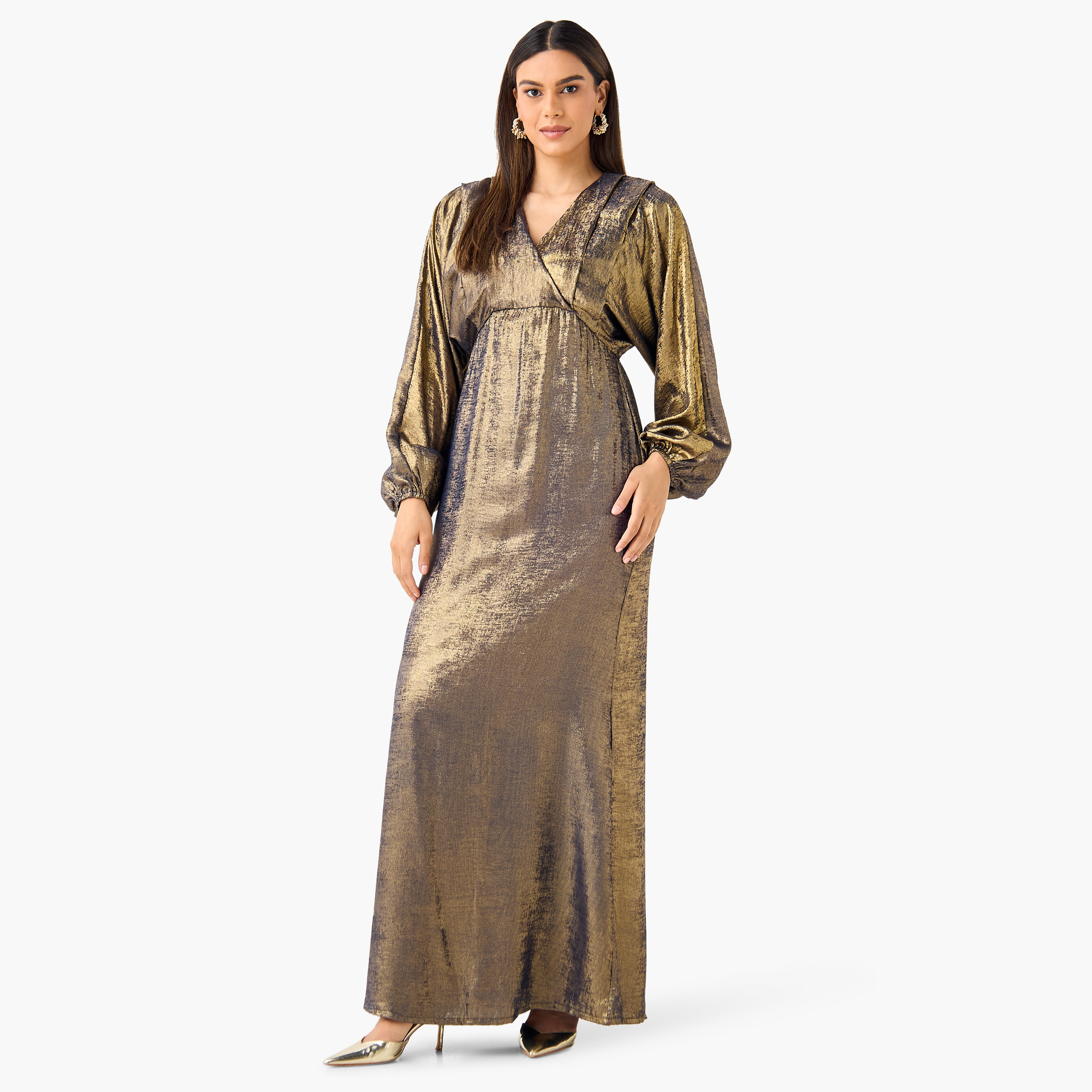 Golden Apple Shimmer Detail V-neck Dress with Volume Sleeves-women-clothing-dresses-image-1