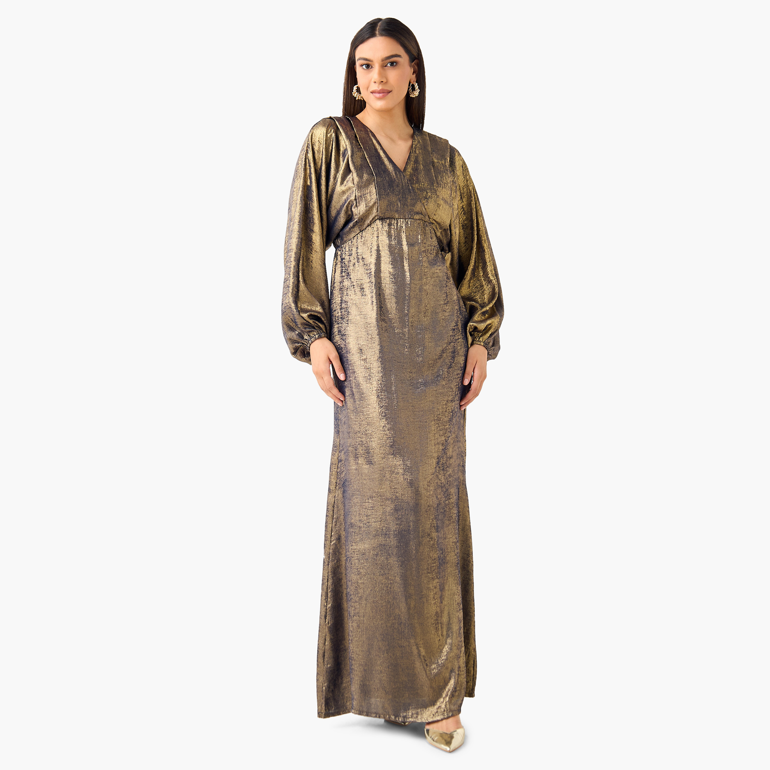 فستان بياقة V وأكمام واسعة وتفاصيل لامعة من جولدن آبل-women-clothing-dresses-image-3