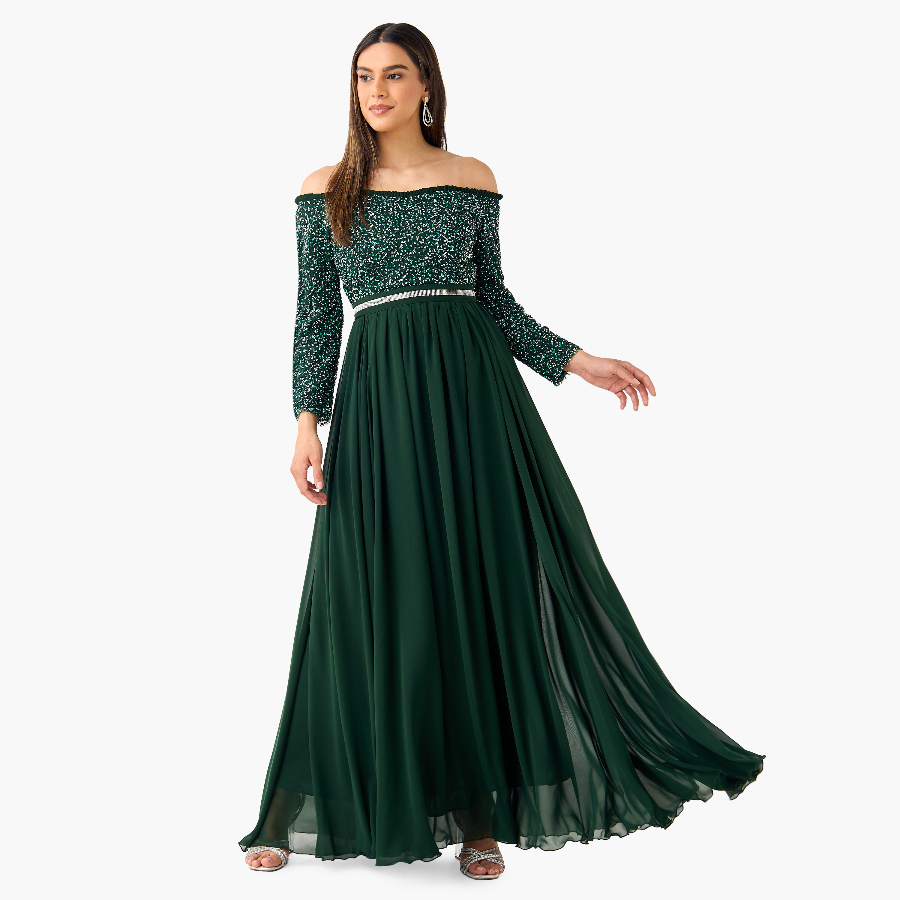 فستان بأكتاف مكشوفة وأكمام طويلة مزين من جولدن آبل-women-clothing-dresses-image-1