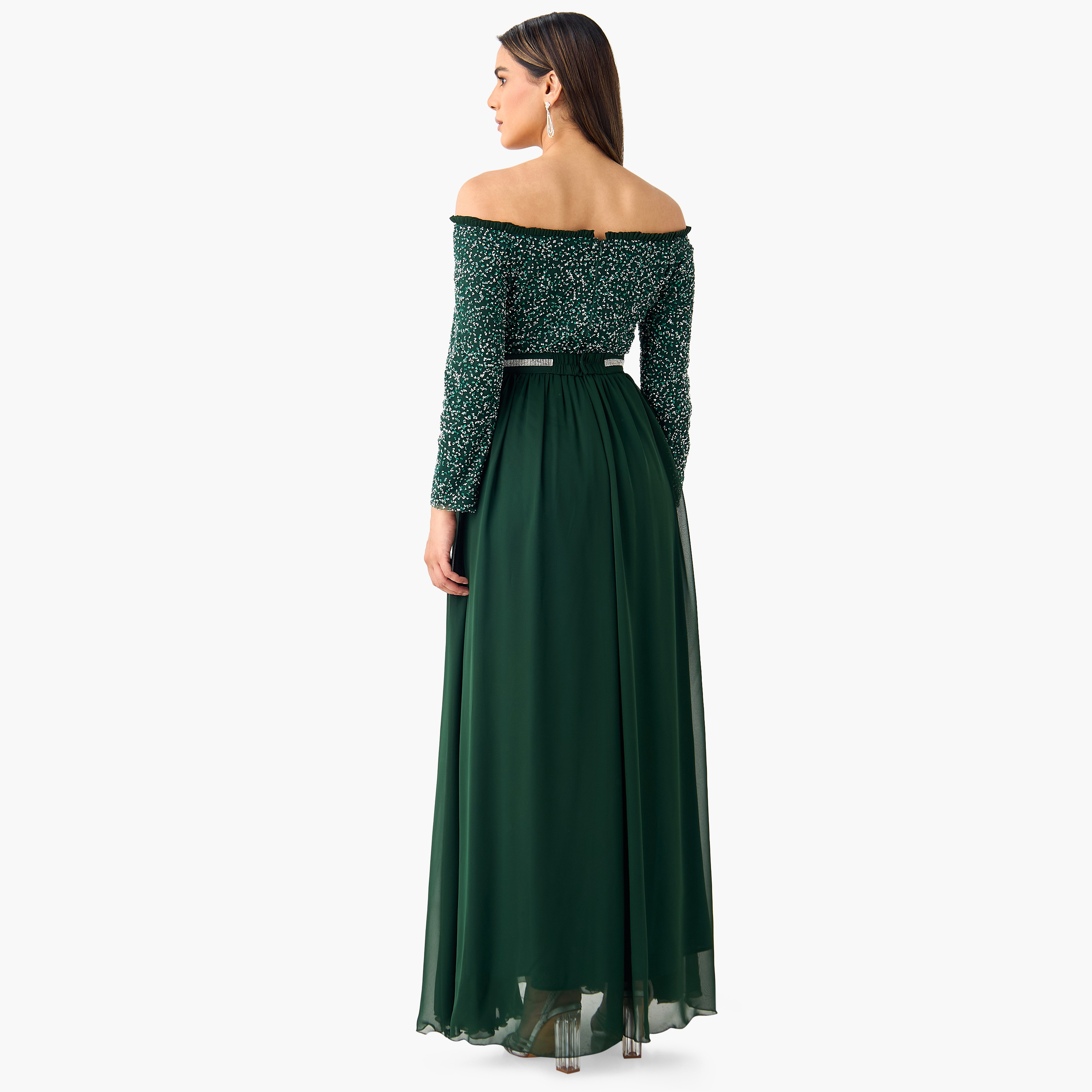 فستان بأكتاف مكشوفة وأكمام طويلة مزين من جولدن آبل-women-clothing-dresses-image-2