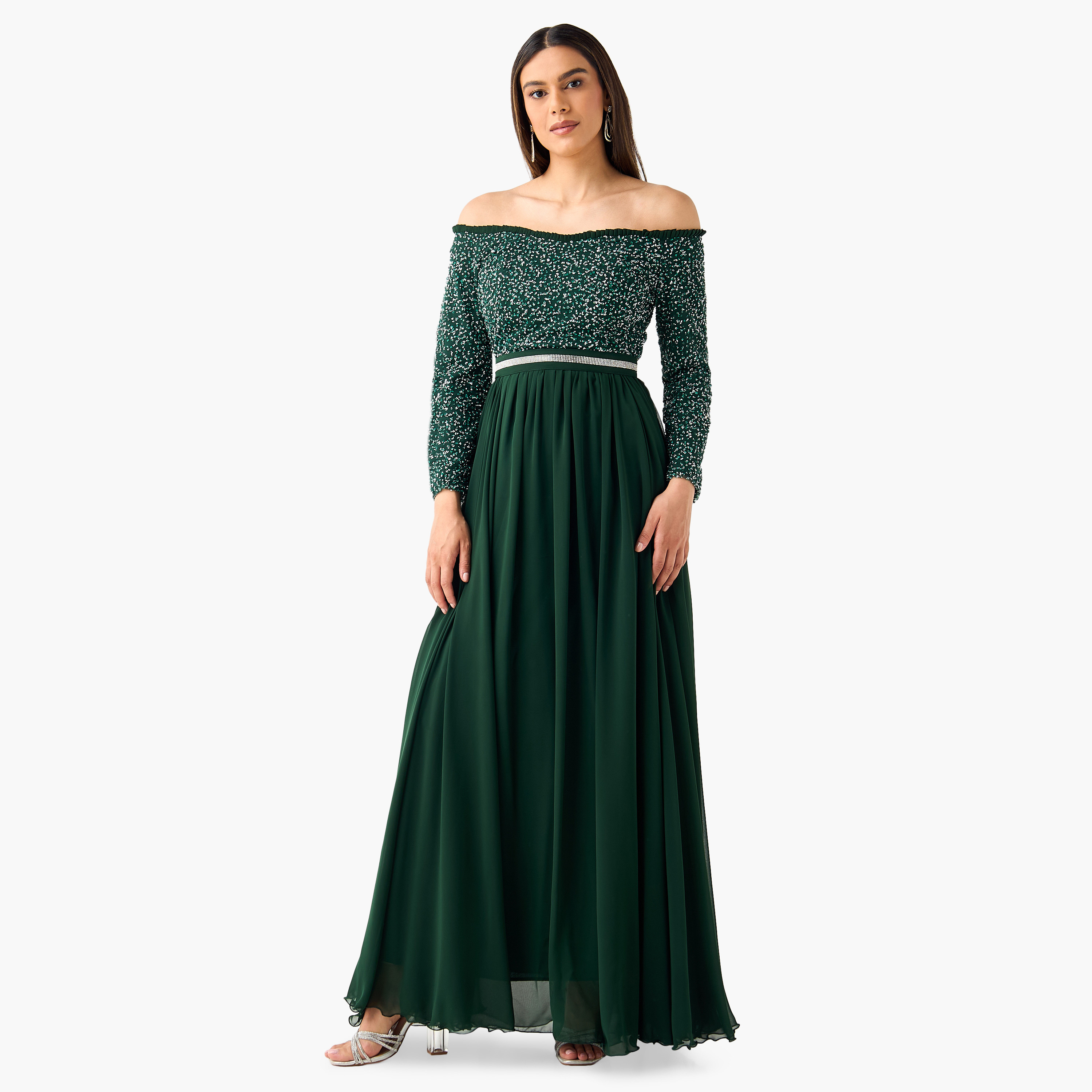 Golden Apple Embellished Off Shoulder Dress with Long Sleeves-women-clothing-dresses-image-3