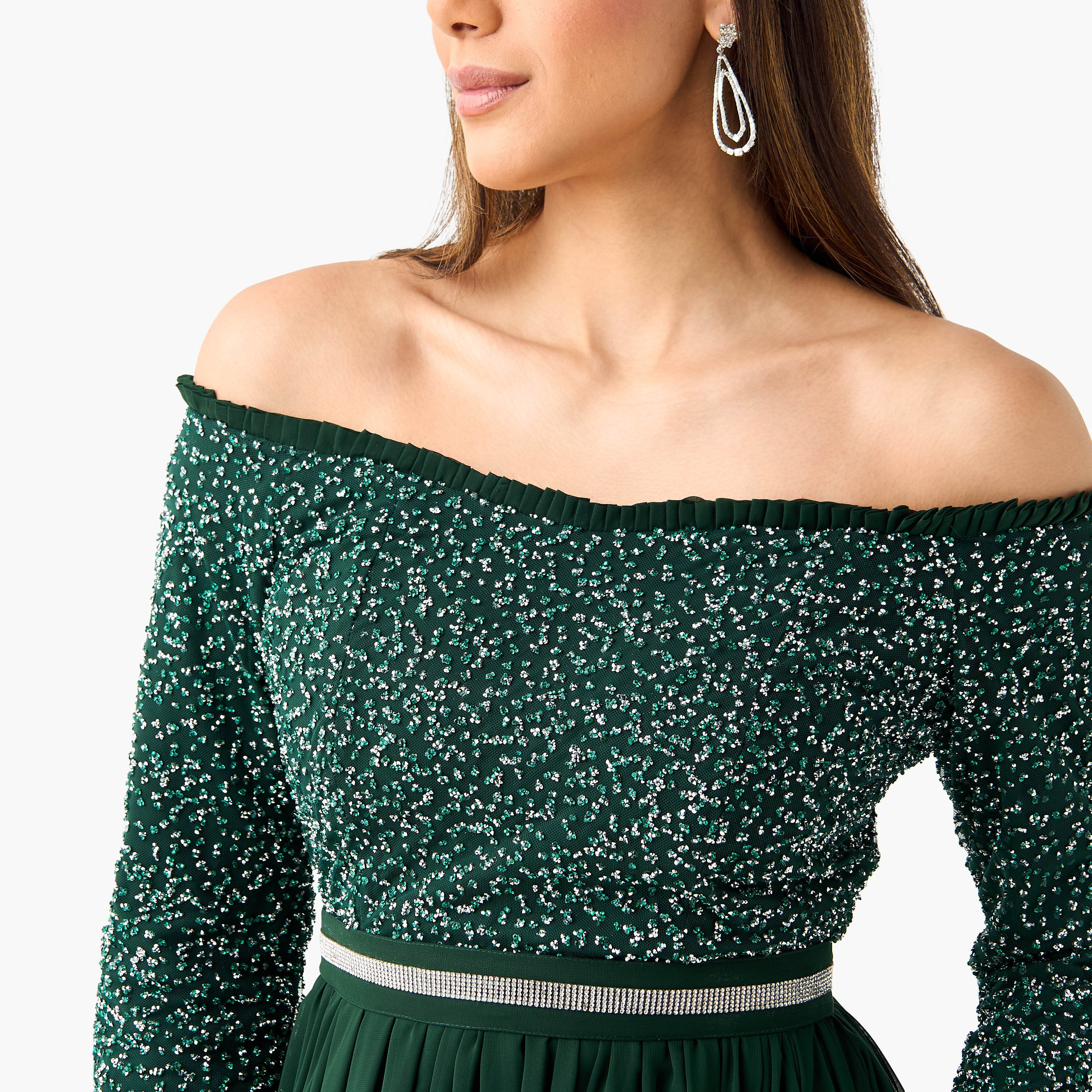 فستان بأكتاف مكشوفة وأكمام طويلة مزين من جولدن آبل-women-clothing-dresses-image-4
