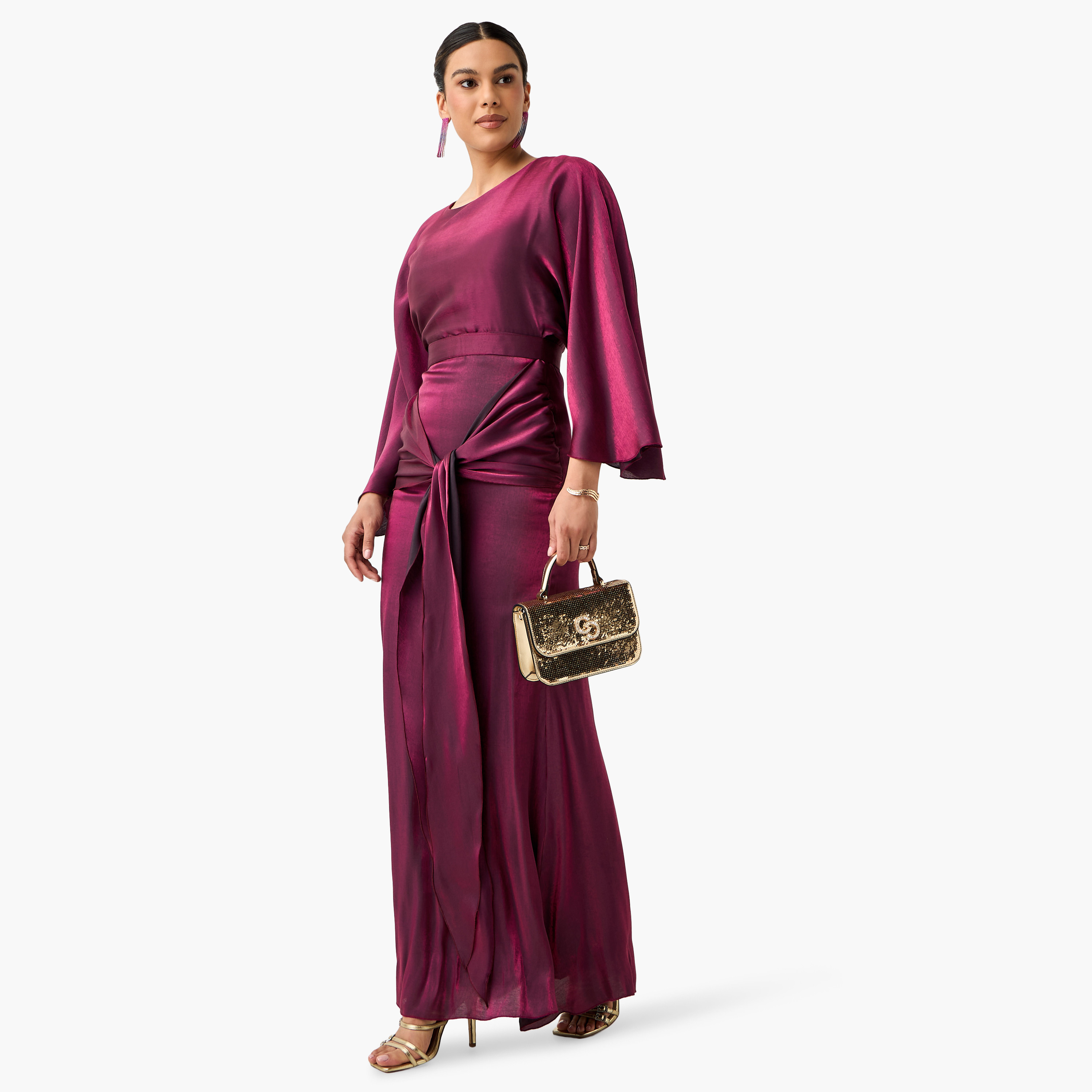 Golden Apple Shimmer Maxi Dress with Long Sleeves and Knot Detail-women-clothing-dresses-image-1