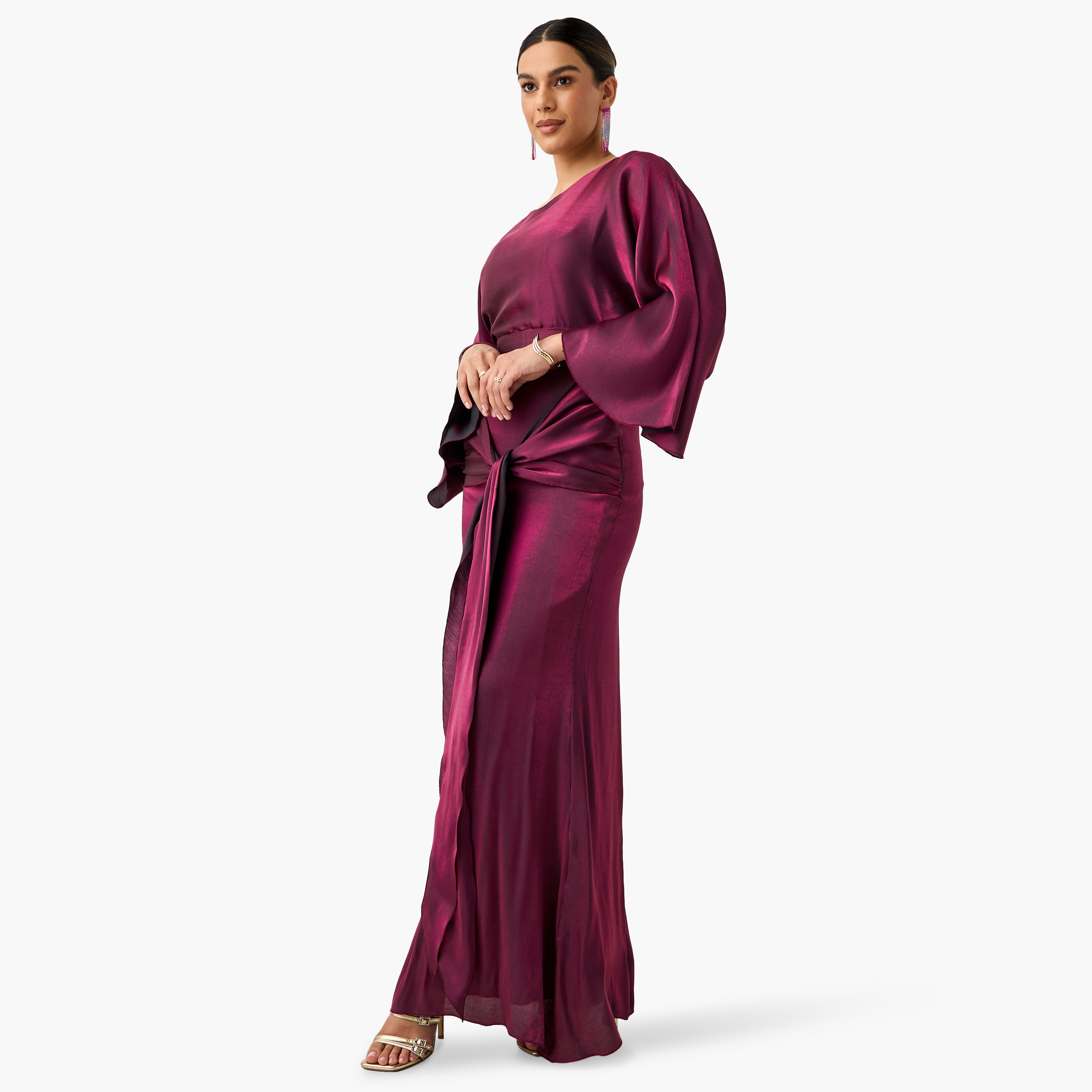 Golden Apple Shimmer Maxi Dress with Long Sleeves and Knot Detail-women-clothing-dresses-image-2