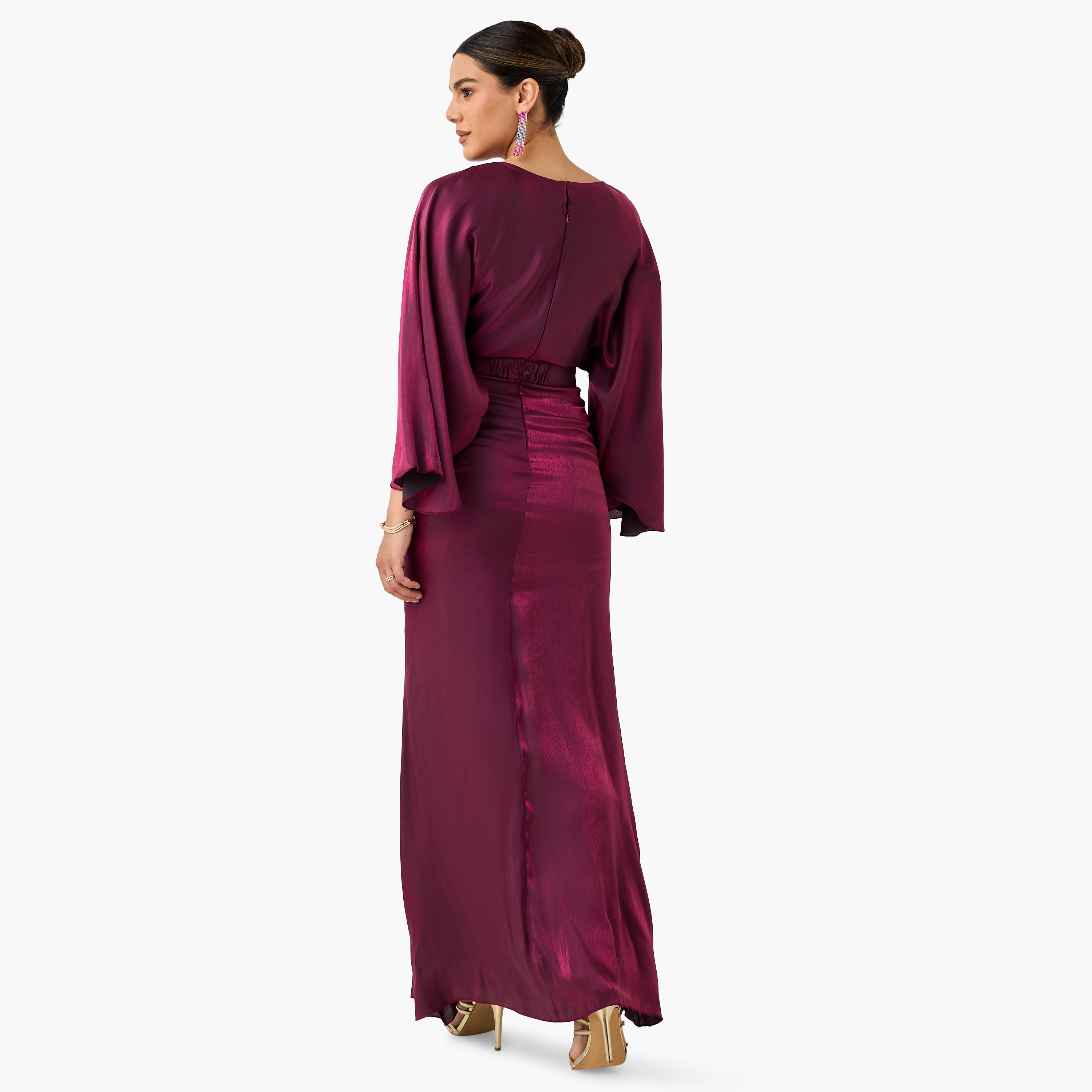 Golden Apple Shimmer Maxi Dress with Long Sleeves and Knot Detail-women-clothing-dresses-image-3