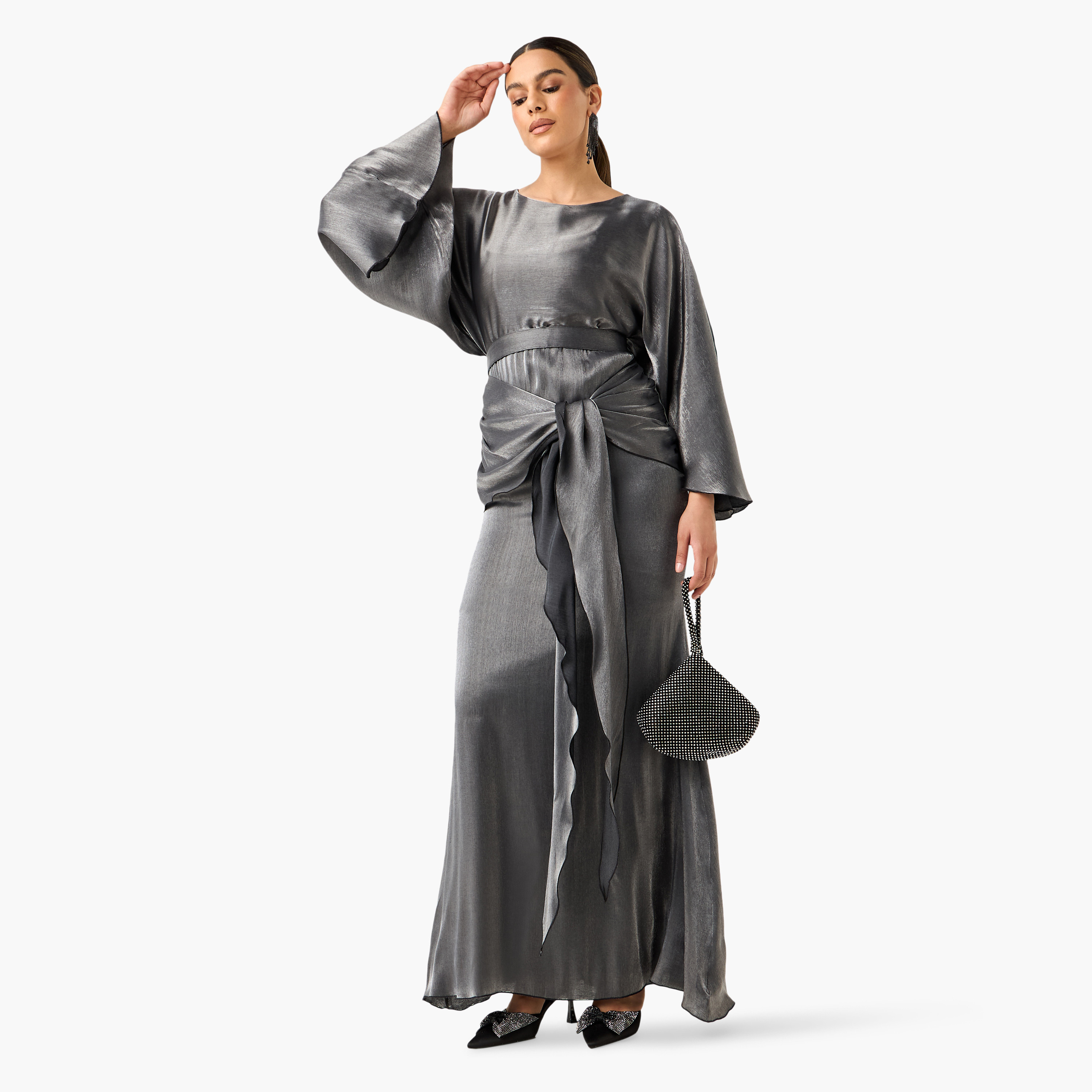 Golden Apple Shimmer Maxi Dress with Long Sleeves and Knot Detail-women-clothing-dresses-image-1