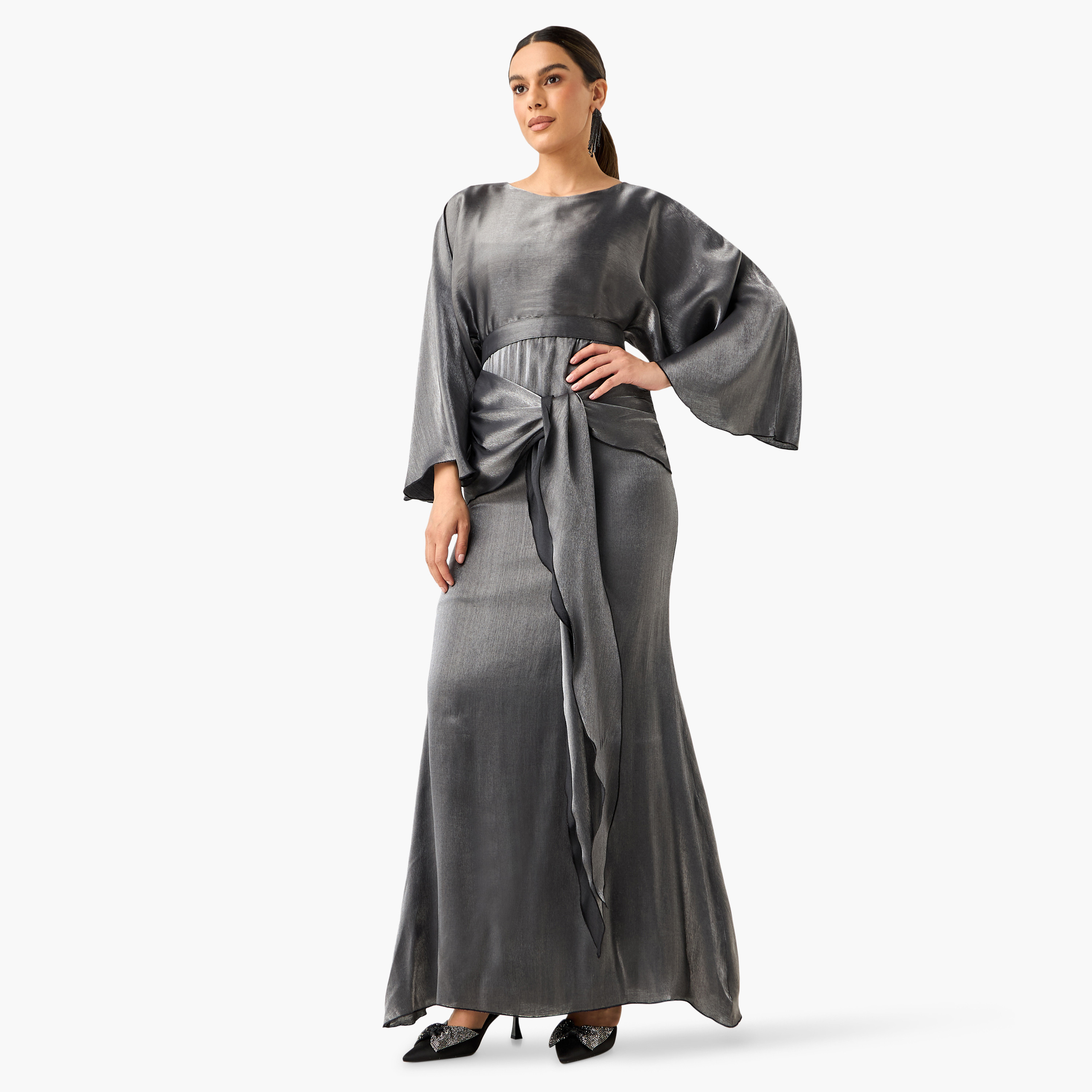 Golden Apple Shimmer Maxi Dress with Long Sleeves and Knot Detail-women-clothing-dresses-image-2